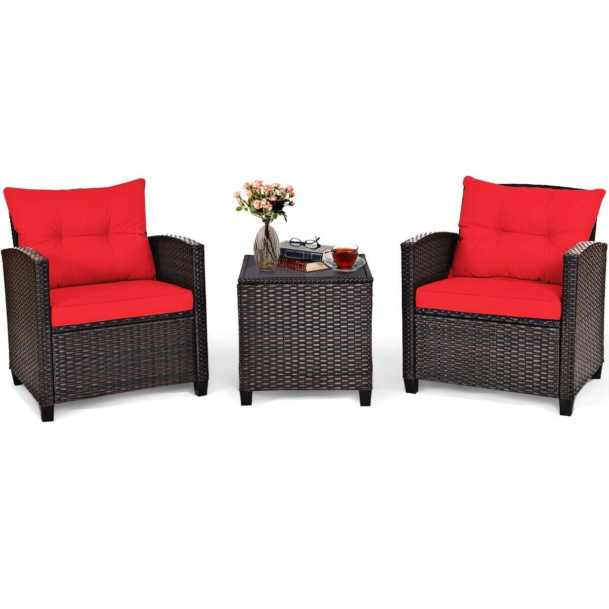 3-Piece Red Outdoor Patio Conversation Set with 2 Rattan Chairs & 1 Tempered Glass Coffee Table - Soft Cushions Included - Perfect for Backyard, Deck, Balcony, Poolside & Outdoor Living Spaces