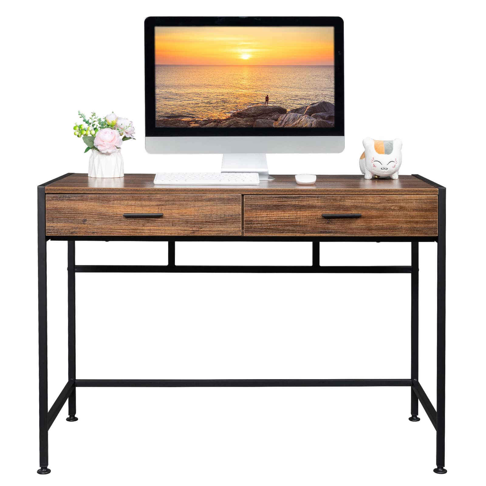 **Vintage Wooden Computer Desk with Black Steel Frame & 2 Drawers - Study Desk for Home Office, Dorm Room, or Workspace - Compact Writing Table for Small Spaces**