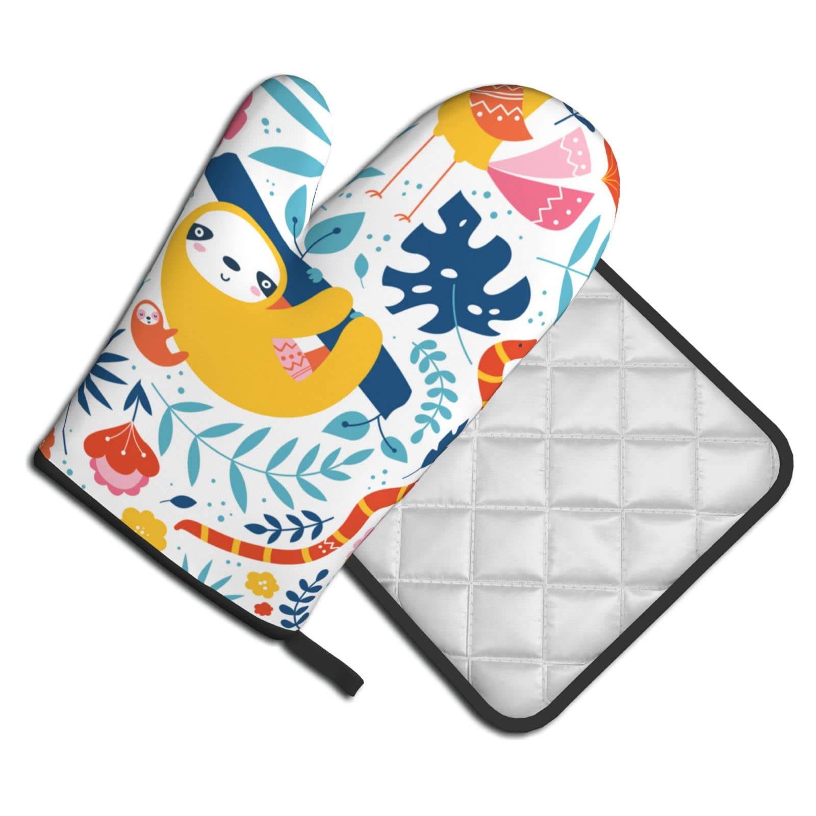 Sloth Pattern Heat Resistant Oven Mitts & Pot Holders Set - Kitchen Cooking & Baking Accessories for Grilling, Roasting, and Food Handling