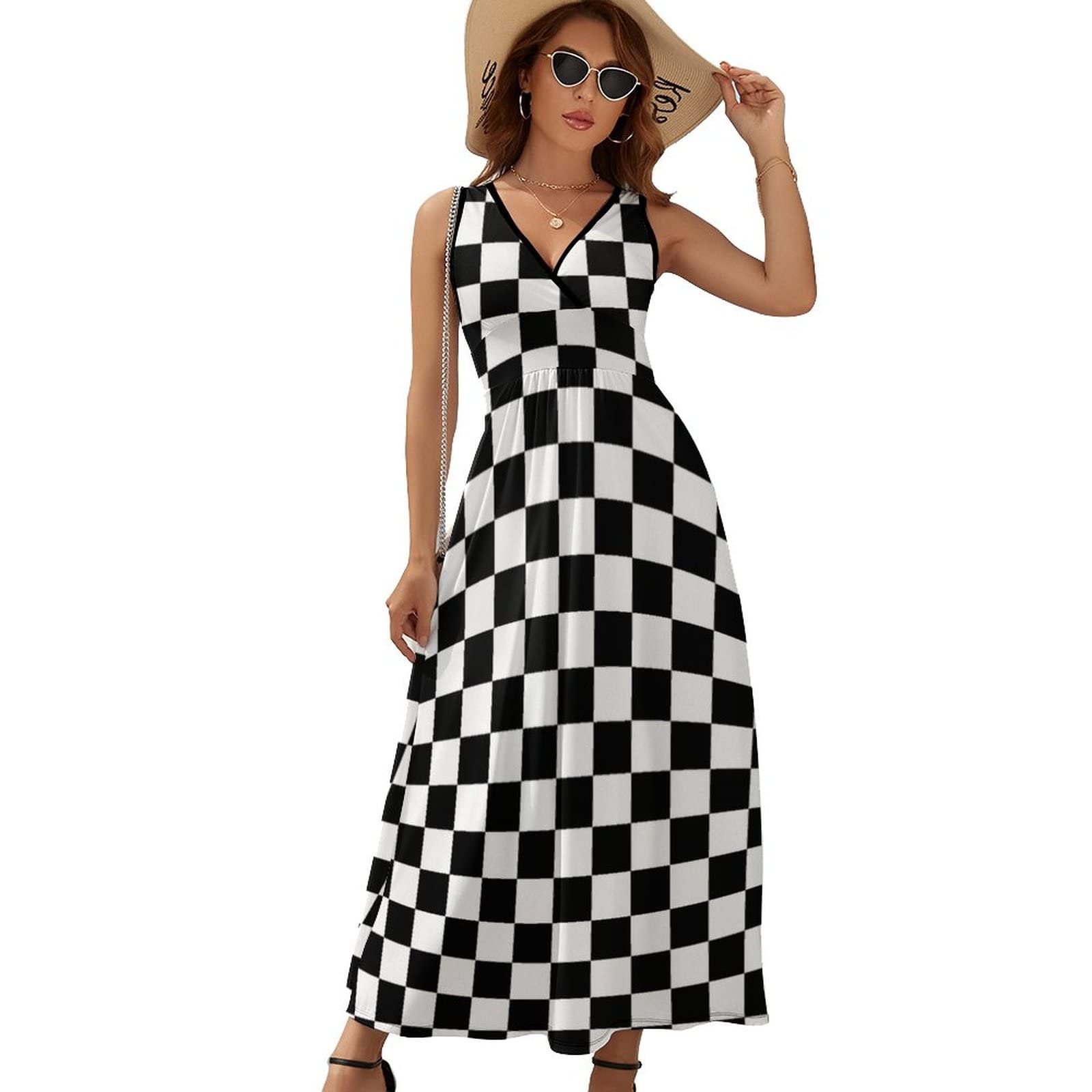 Women's Sleeveless V-Neck Maxi Dress - Black & White Checkered Flag Print - Beach Cover Up, Summer Casual Long Dress Skirt for Racing Events, Vacations & Outdoor Parties