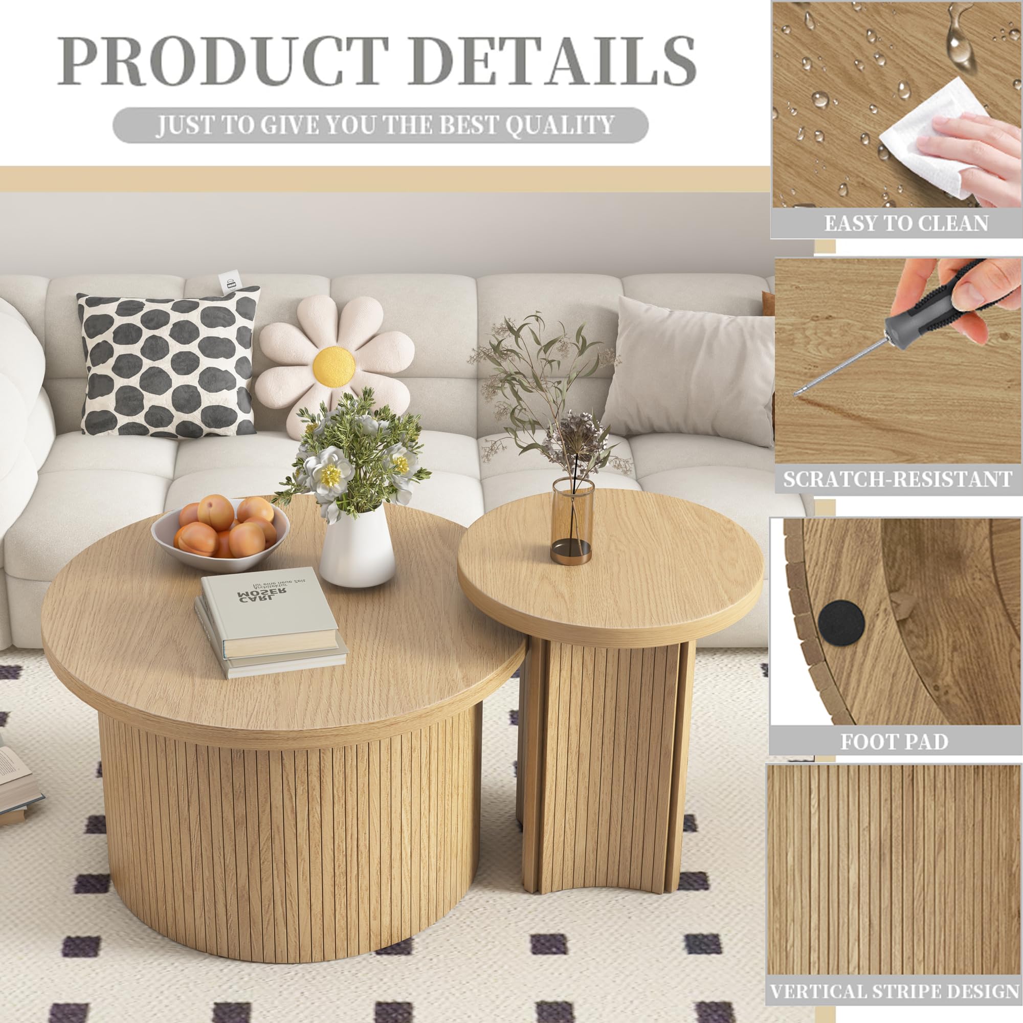 Set of 2 Round Nesting Coffee Tables - Farmhouse Style Wood Finish Living Room Side Tables for Sofa, Bedroom & Small Spaces (Large Size) - Perfect for Coffee, Books & Decor Display