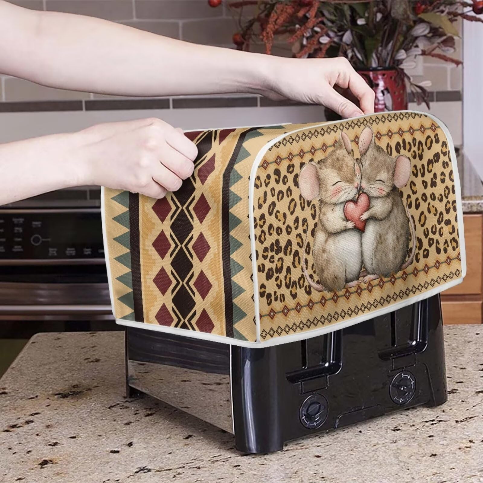 Stylish Hamster Print Bread Maker Cover & Aztec Leopard Microwave Cover - Dustproof Kitchen Appliance Protector for 2-Slice Toasters (Brown) | Perfect for Small Kitchen Countertop Organization & Pet-Friendly Homes