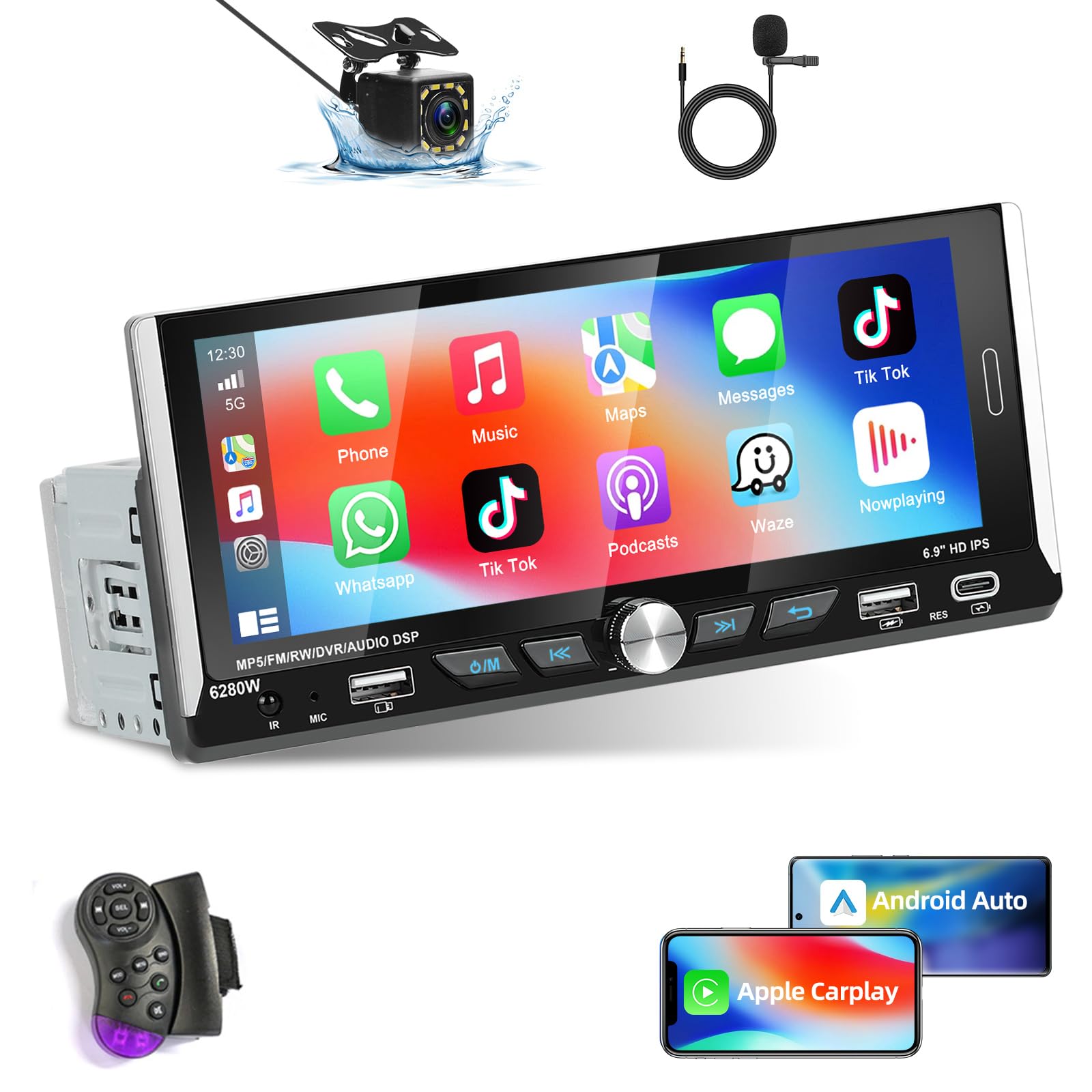 Podofo 6.9 Inch 1 Din Car Stereo with Wireless Apple CarPlay & Android Auto, Bluetooth Receiver, Rearview Camera, Built-in Mic | In-Dash Multimedia Player for Seamless Music Streaming & Hands-Free Calling While Driving