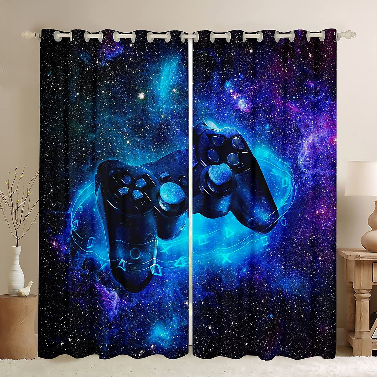 Video Game Themed Blackout Curtains for Teen Gamer Bedroom - 38x54 Inch Galaxy Starry Sky Gaming Window Drapes for Boys & Girls Room Decor - Perfect for Gaming Rooms, Kids Bedrooms & Streaming Setup