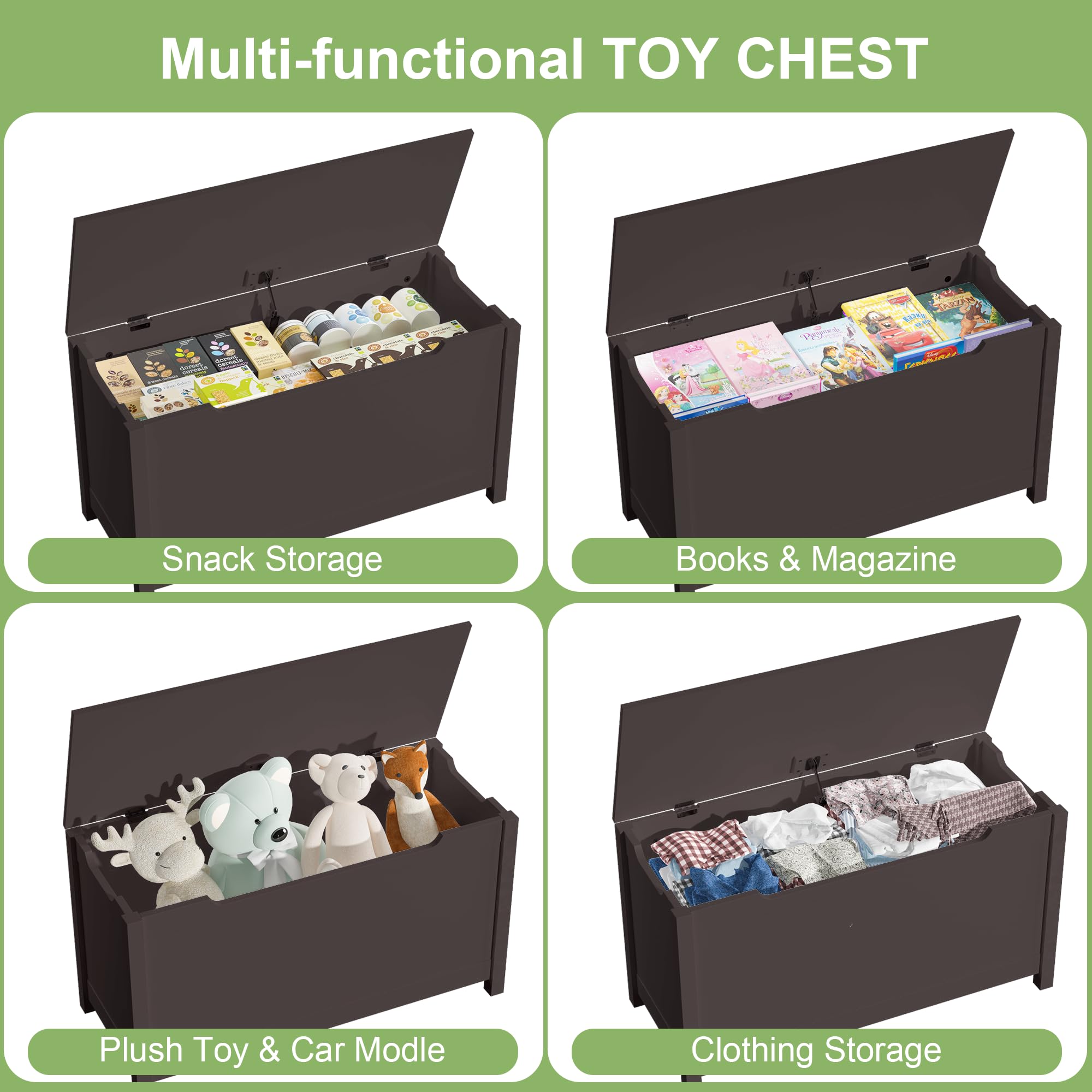 **Large Wooden Toy Chest for Kids Ages 3+ | 31.5 Inch Toy Storage Box with Safety Hinged Lid | Dark Brown Kids Toy Organizer for Playroom, Bedroom & Living Room | Perfect for Organizing Toys, Books & Games**