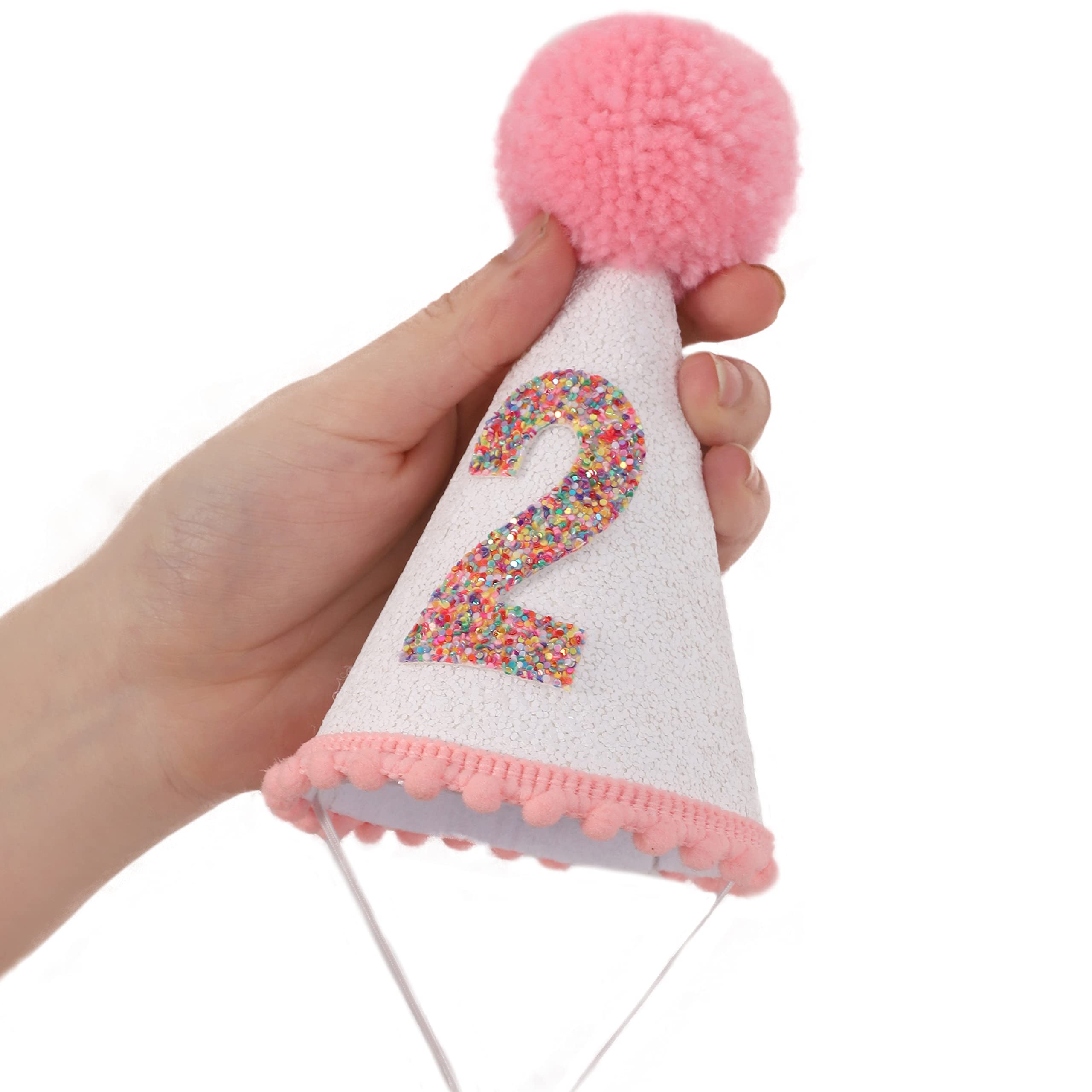 Sparkly Pink Glitter Birthday Hat for Girls with Pom Topper - Cute Party Accessories for Birthday Celebrations, Photo Booths & Princess Themed Events
