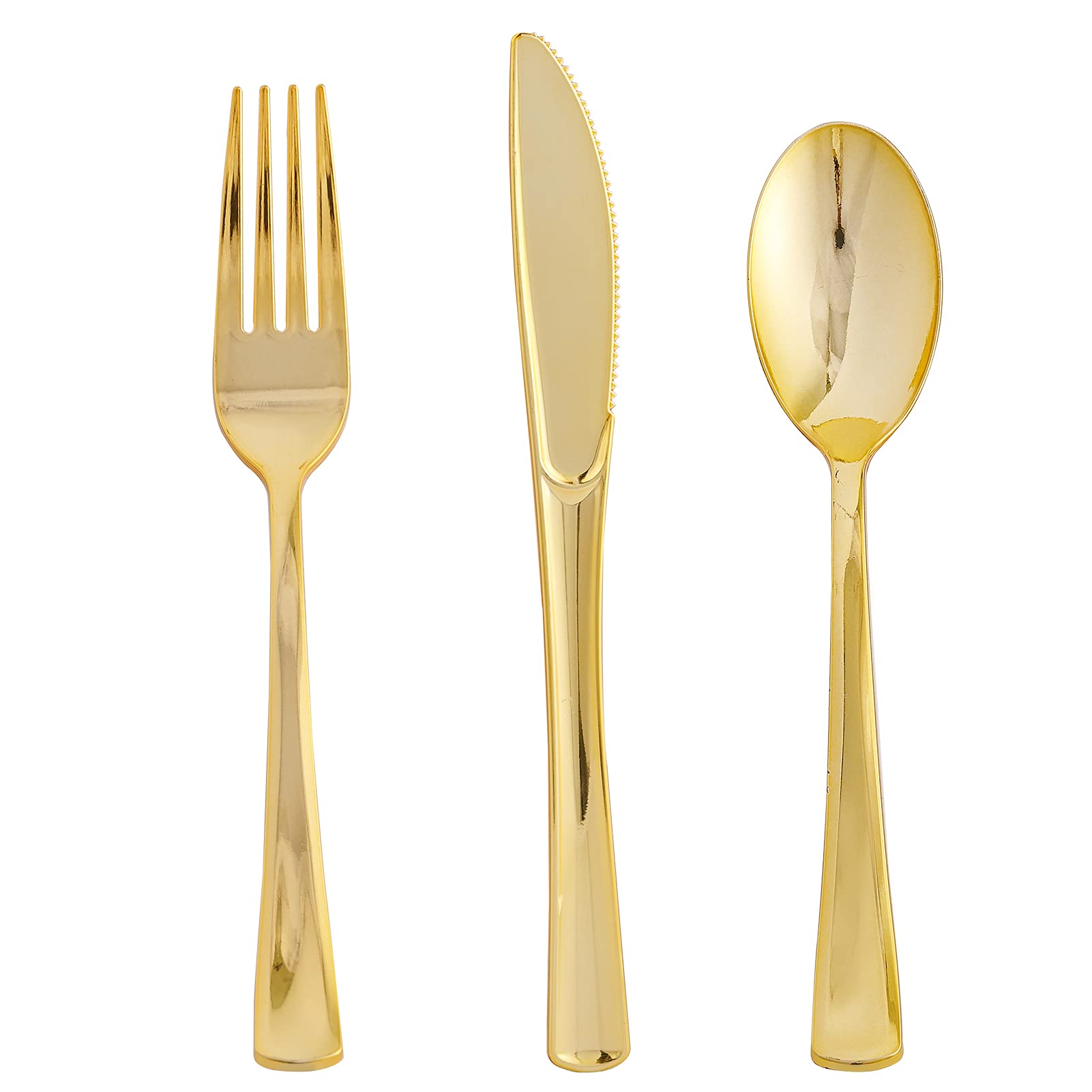 FOCUSLINE 75-Pack Gold Plastic Silverware Disposable Cutlery Set - 25 Forks, 25 Knives, 25 Spoons - Heavy Duty Plastic Utensils for Catering, Parties, Weddings, Picnics, BBQs & Outdoor Events - Elegant Disposable Flatware for Home, Office & Restaurant Use
