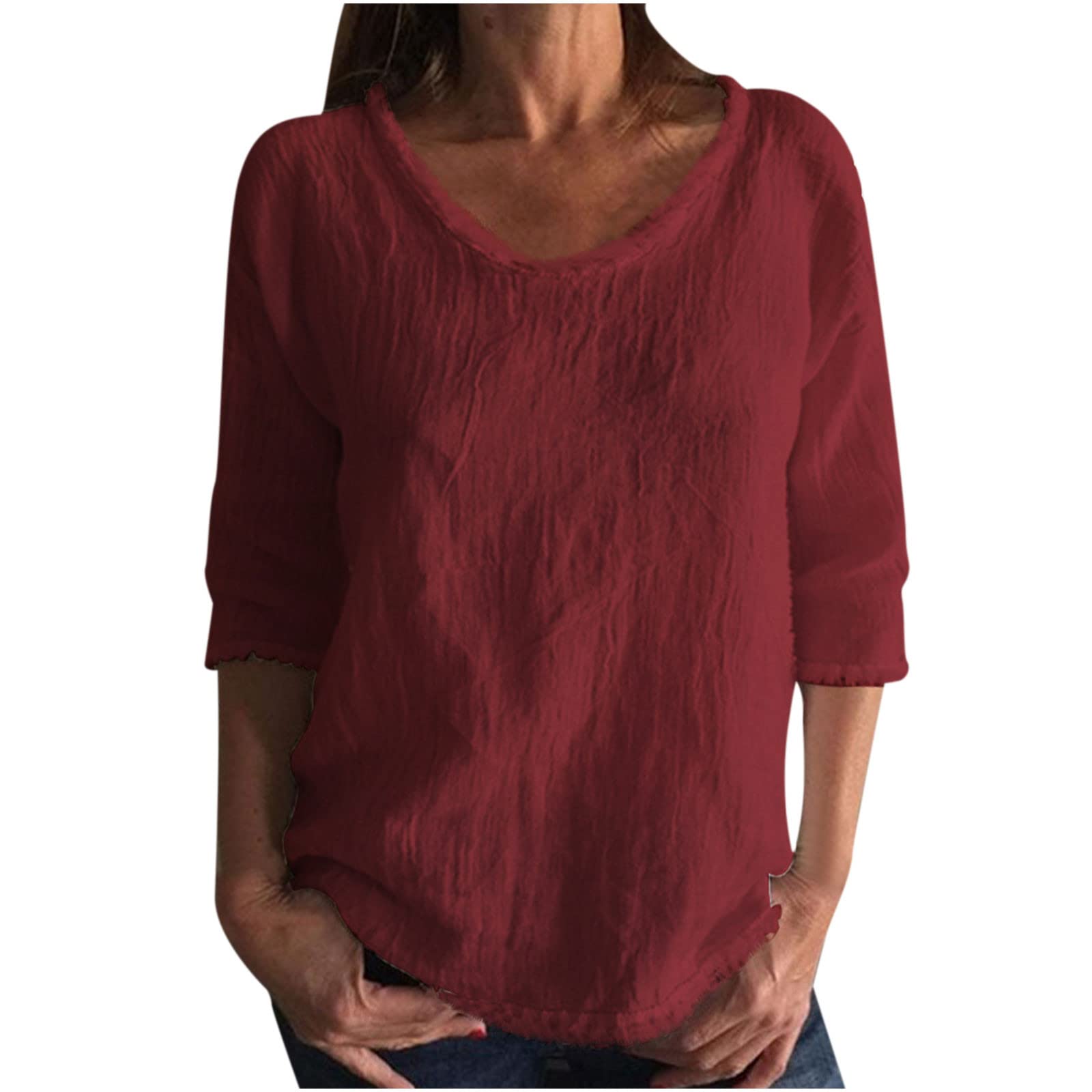 Women's Summer Cotton Linen T-Shirt - Half Sleeve Ruched Jacquard Blouse, Casual Loose Fit, Breathable & Comfortable Solid Color Top for Beach, Travel and Everyday Wear