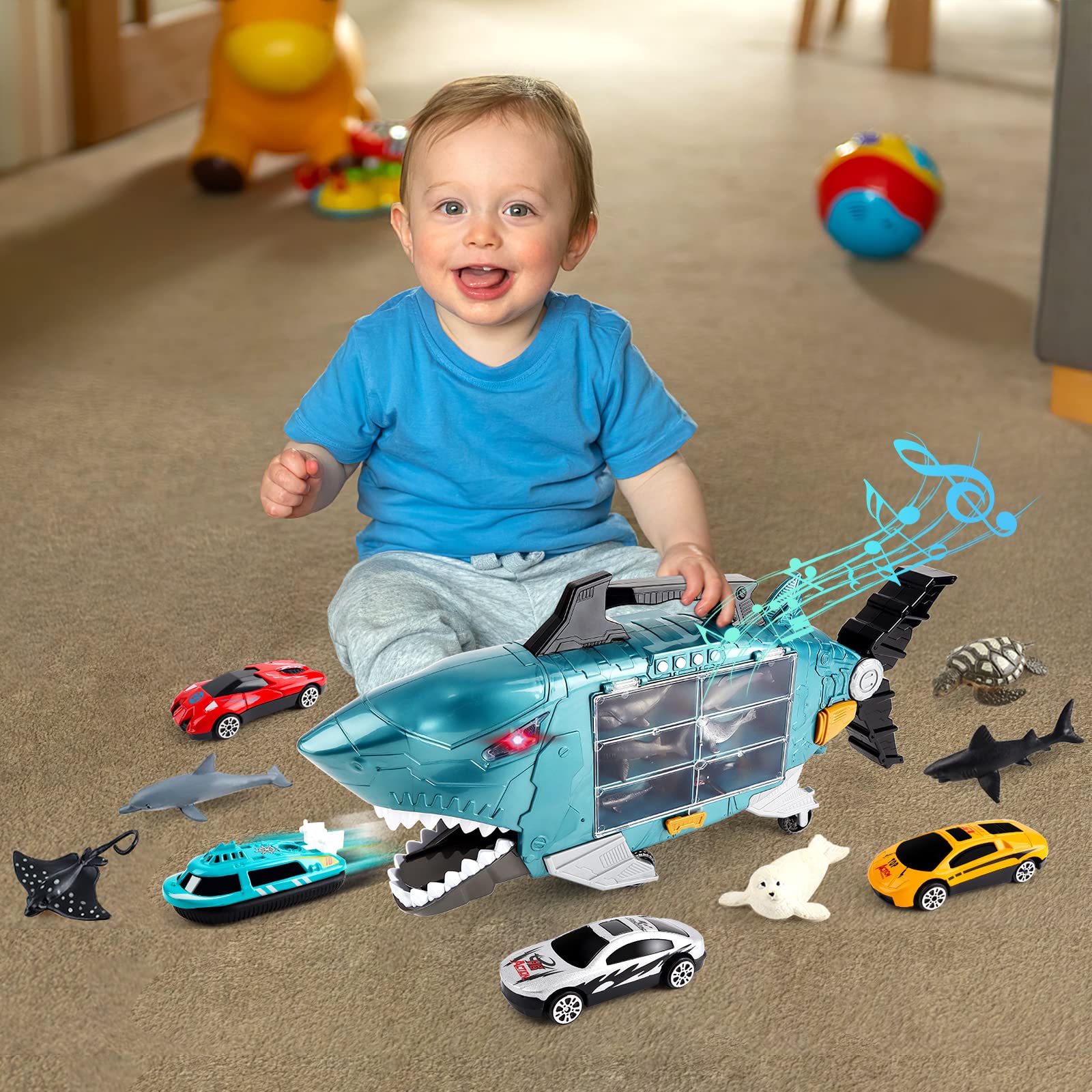 deAO Shark Truck Toy Set with 8 Animal Toys - Light & Sound Effects, Interactive Play Vehicle for Toddlers & Kids - Perfect Birthday Gift for Boys & Girls (Great for Pretend Play, Role-Playing & Learning Fun)