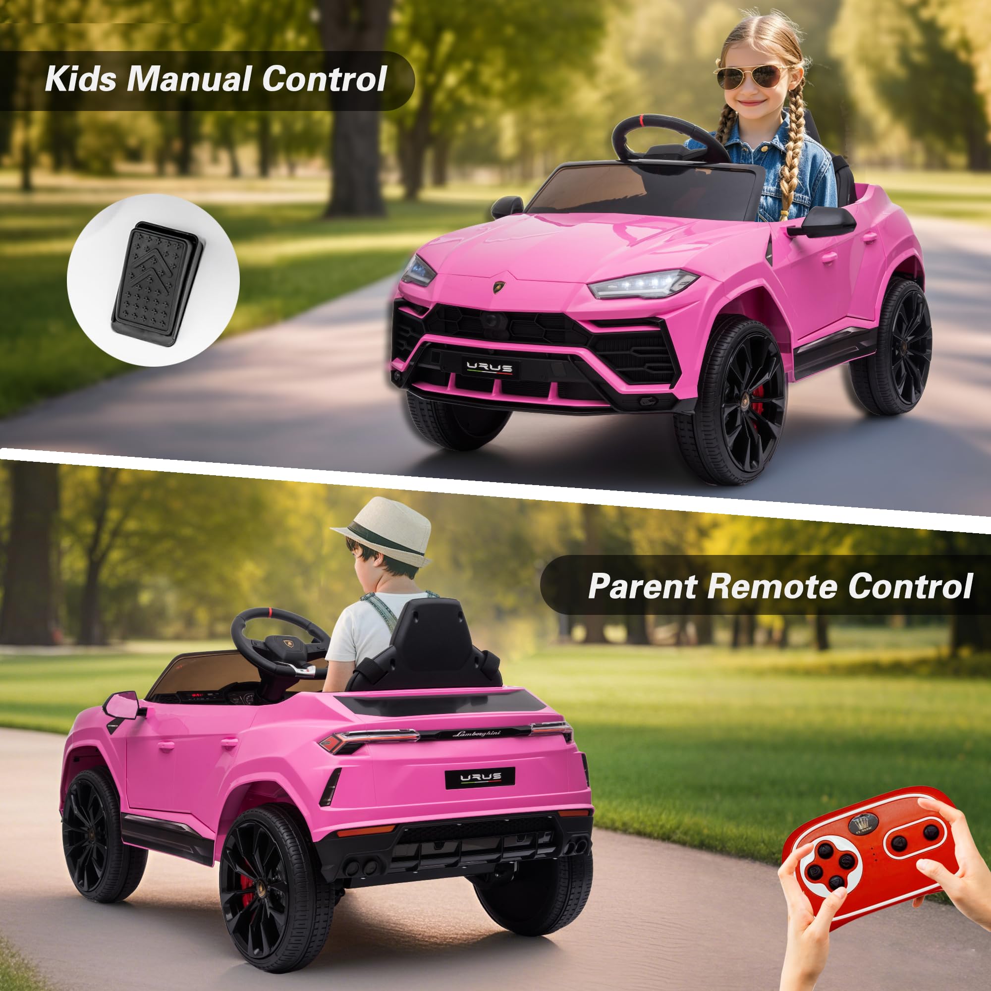 Licensed Lamborghini Urus 12V Electric Ride-On Car for Kids - Remote Control, LED Headlights, Music & 2 Speed Modes - Pink Battery-Powered Toy Truck for Boys & Girls | Perfect for Birthday Gifts, Outdoor Play & Driveway Fun