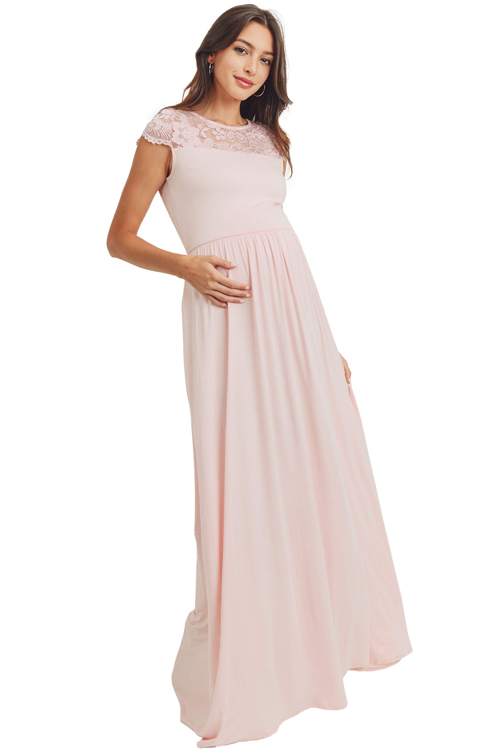 HELLO MIZ Women's Floral Maternity Maxi Dress with Lace Yoke - Comfortable Pregnancy Dress for Baby Shower, Maternity Photo Shoot & Summer Vacation