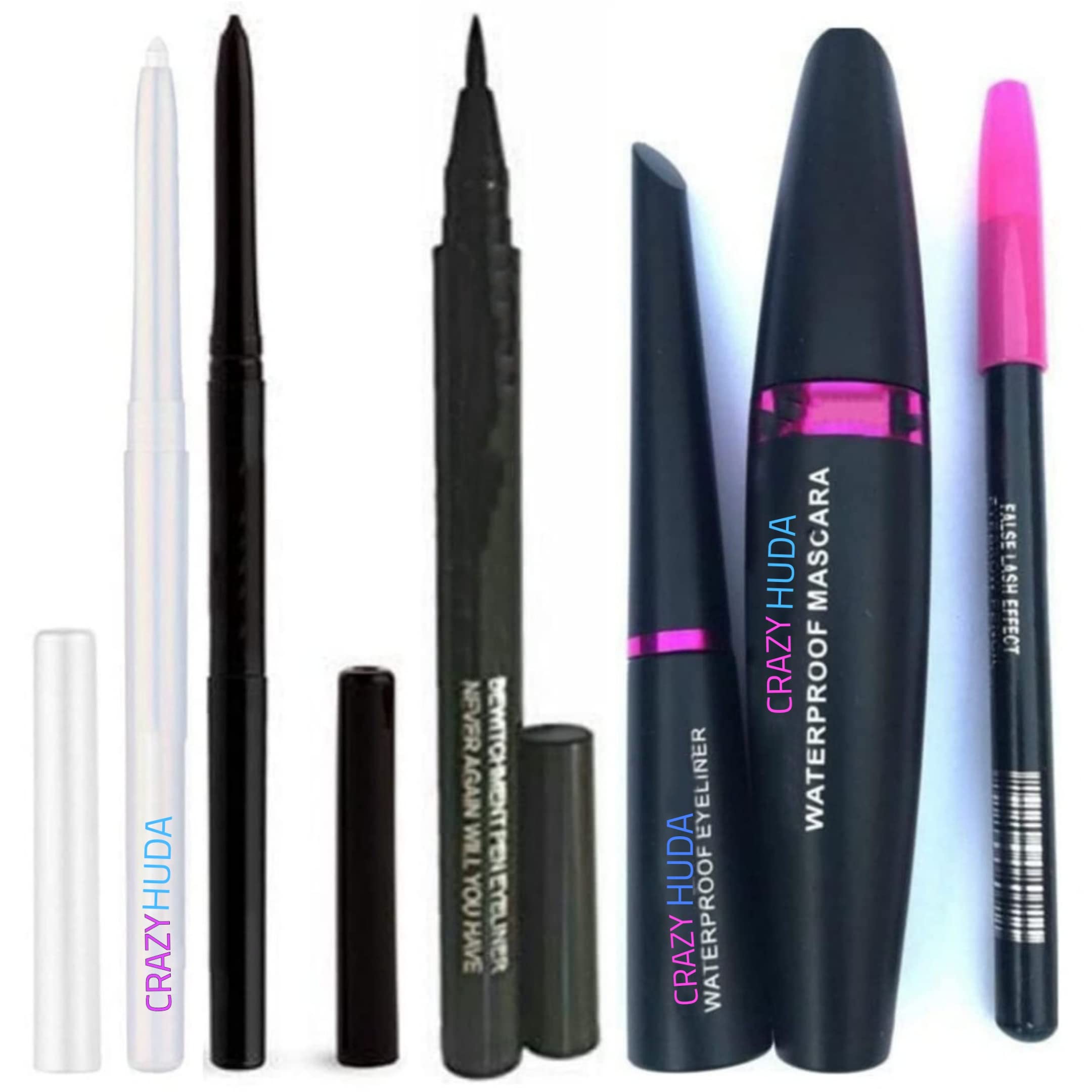 Huda Beauty Waterproof Liquid Eyeliner & Mascara Set - Black & White Kajal Pencil + Sketch Liner (6-Piece Kit) for Smokey Eyes & Long-Lasting Makeup | Perfect for Parties, Weddings & Daily Wear