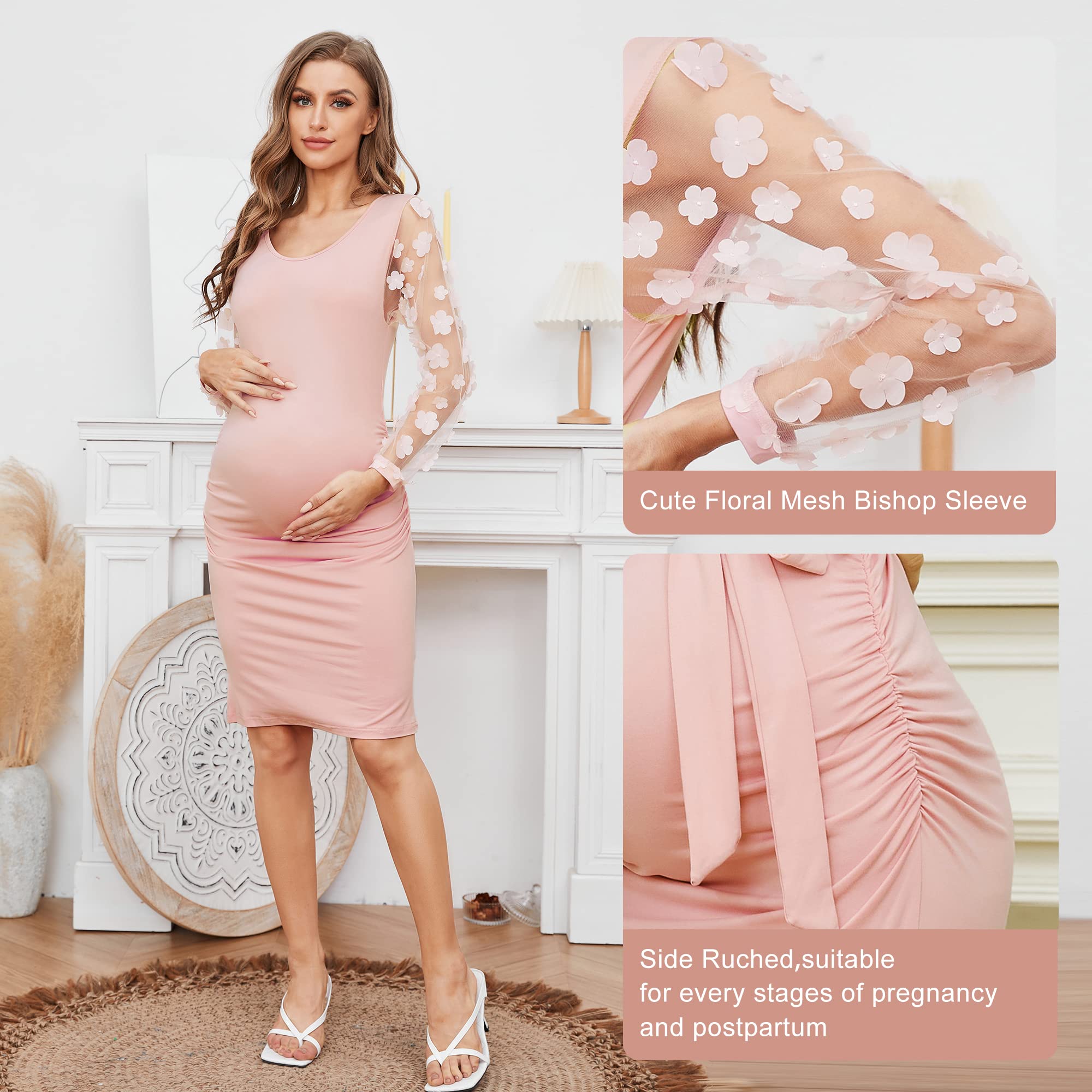 Floral Mesh Bishop Long Sleeve Maternity Midi Dress - Elegant Pregnancy Bodycon Dress for Baby Shower, Maternity Photoshoot & Special Occasions | Comfortable Fall Maternity Wear for Expecting Mothers