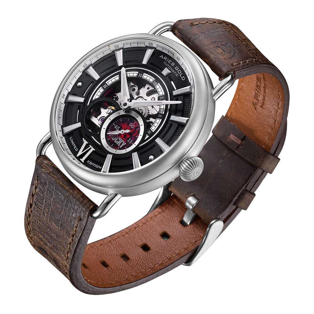 ARIES GOLD Automatic Rocky Limited Edition Invincible Silver Stainless Steel G 9013 S BK Leather Strap Men's Watch - Luxury Timepiece for Business, Formal & Casual Wear