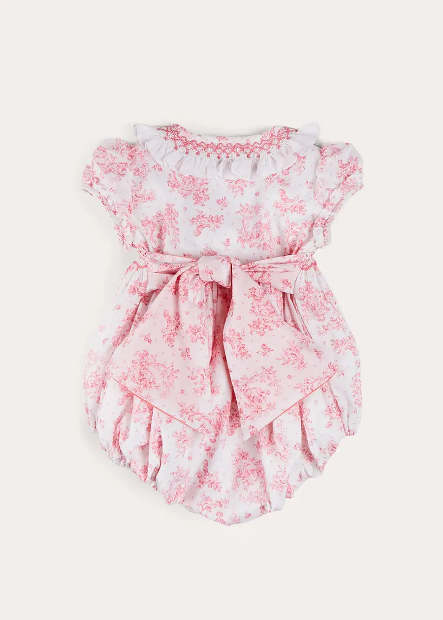 Audrey Hand Smocked Double Breasted Short Sleeve Romper for Baby Girls 6-24 Months - Pink Floral Outfit for Summer Playdates, Photoshoots & Special Occasions