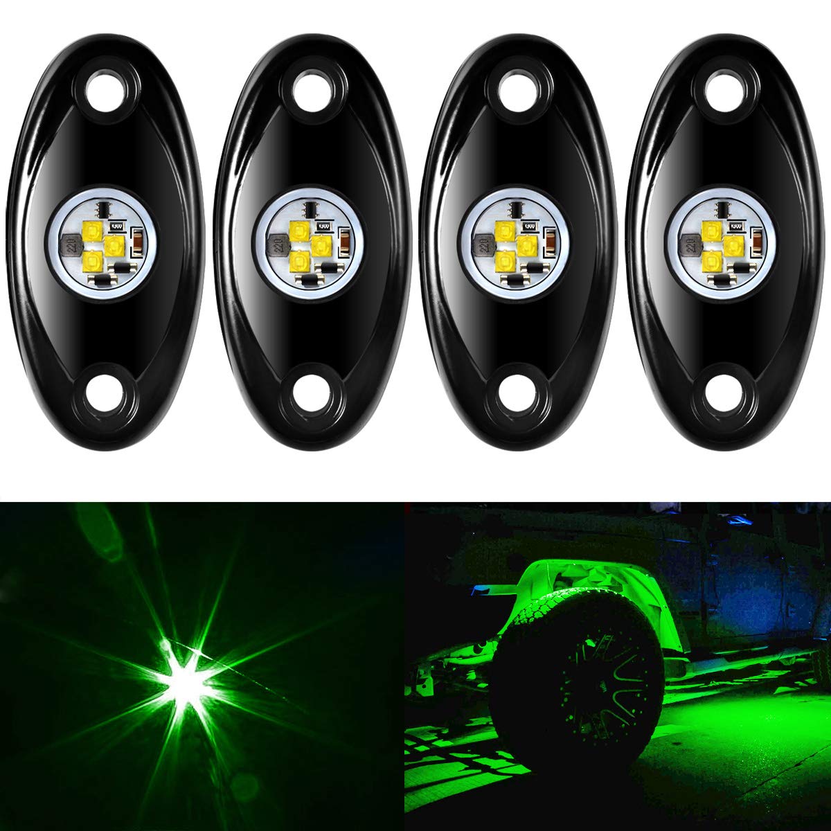 4 Pods LED Rock Light Kit - Waterproof Underglow Neon Lights for ATV, SUV, Offroad Car, Truck & Boat | Multi-Color Options (Green) | Perfect for Night Off-Roading, Car Shows & Underbody Glow Effects