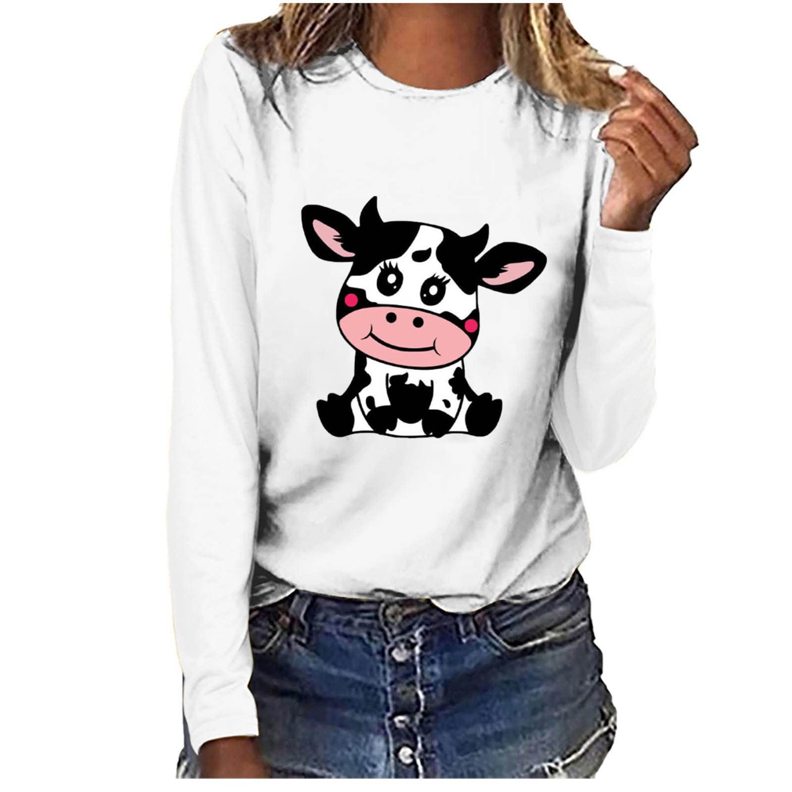 Women's Cute Cow Print T-Shirt - Long Sleeve Graphic Tee with Milk Cow Design | Crewneck Loose Fit Tunic Blouse for Casual Wear | Perfect for Farm Visits, Country Outings & Animal Lover Fashion