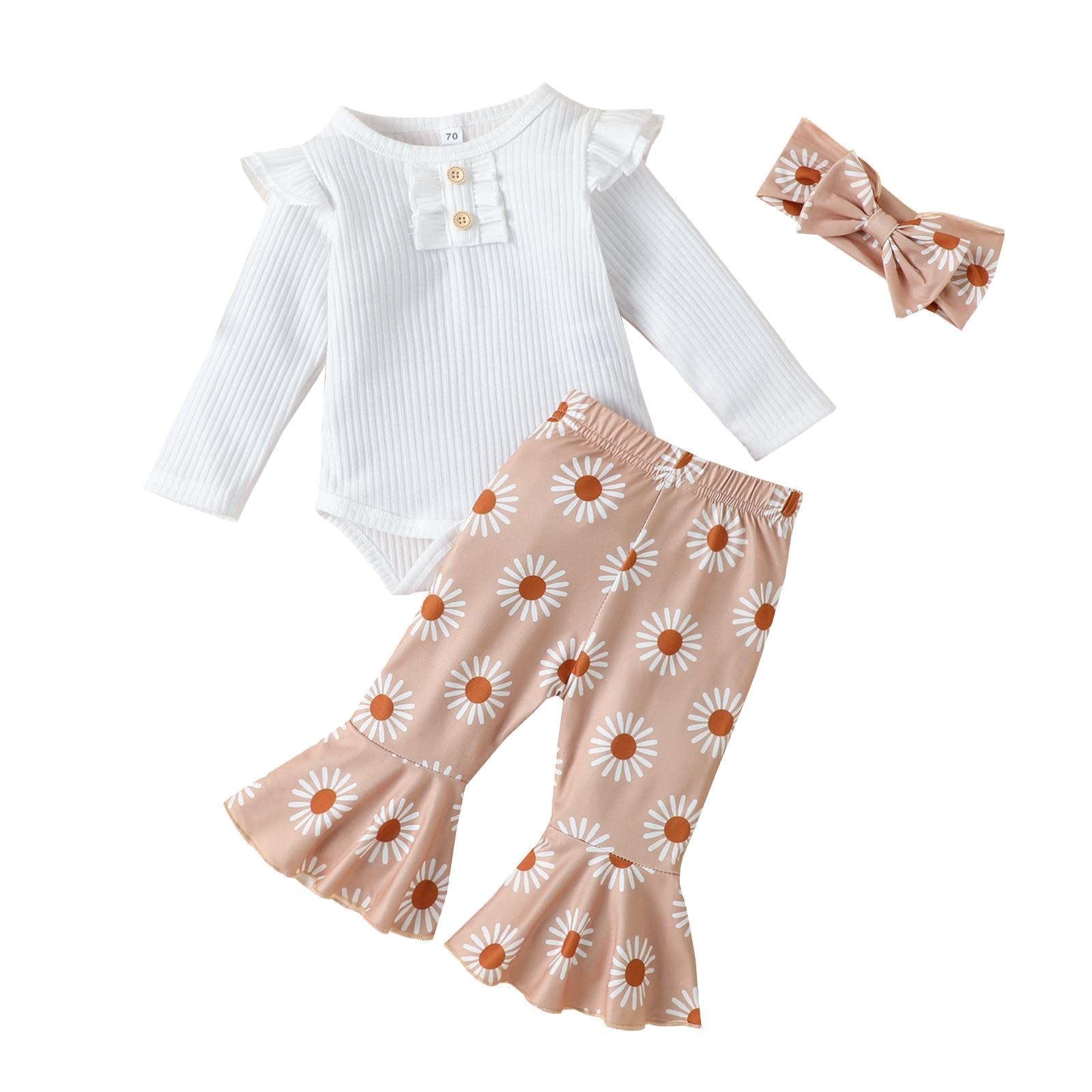 Baby Girl Clothes Set - Newborn Infant Long Sleeve Ribbed Romper & Floral Print Trumpet Pants Outfit | Soft Cotton Bodysuit & Bloomers for Photo Shoots, Playdates & Special Occasions