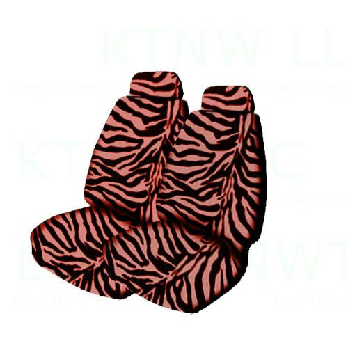 Pastel Pink Zebra Print Car Seat Covers Full Set - 2 Low Back Seat Covers, Headrest Cover, Bench Seat Cover, Steering Wheel Cover, 4 Floor Mats (2 Front + 2 Rear), 2 Shoulder Pads, Hanging Dice & Keychain - Stylish Animal Print Interior Accessories for Cars, Trucks & SUVs