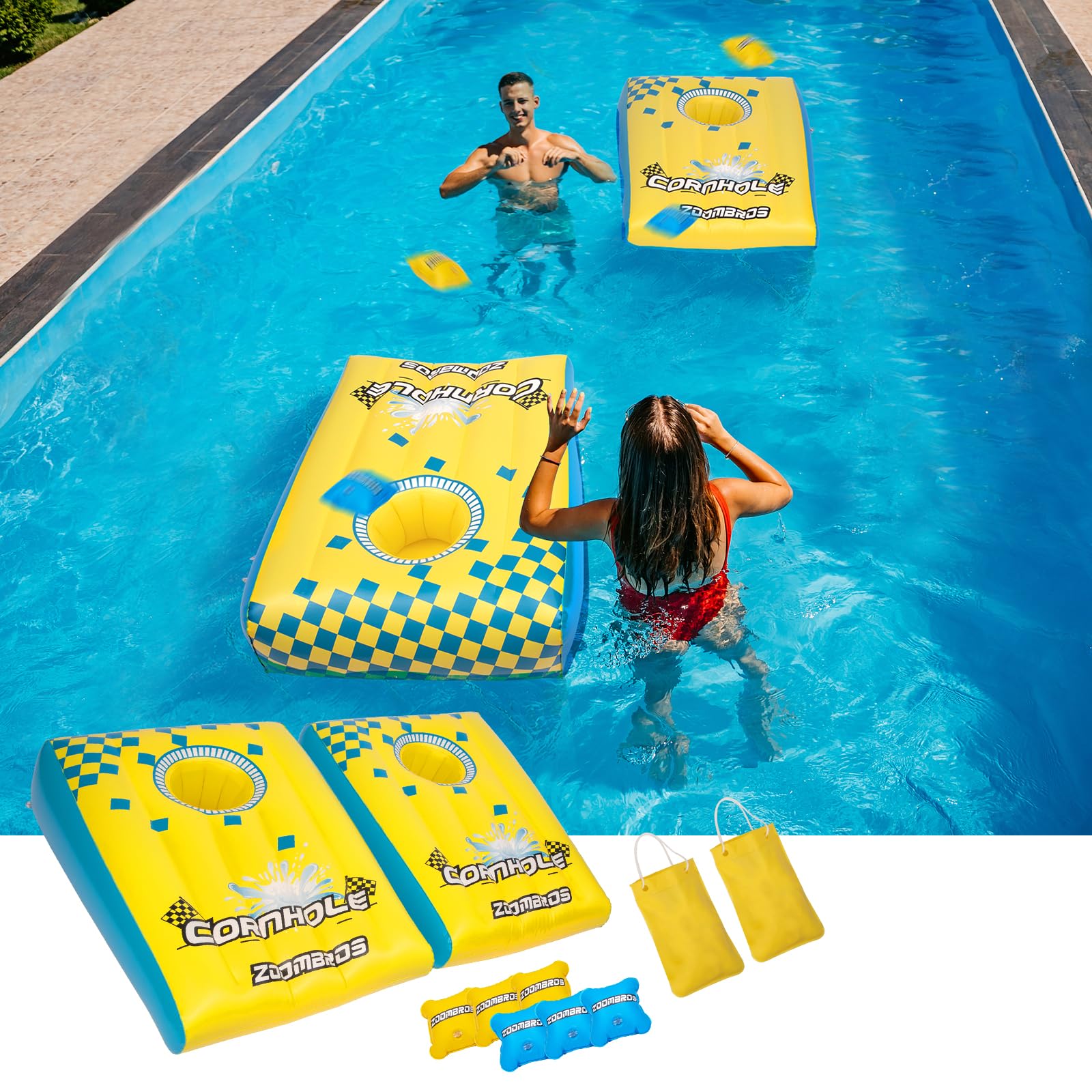 2-in-1 Inflatable Cornhole & Ring Toss Game Set with 6 Bean Bags - Floating Pool Party Games for Adults, Teens and Family - Perfect for Backyard BBQs, Beach Parties and Summer Gatherings