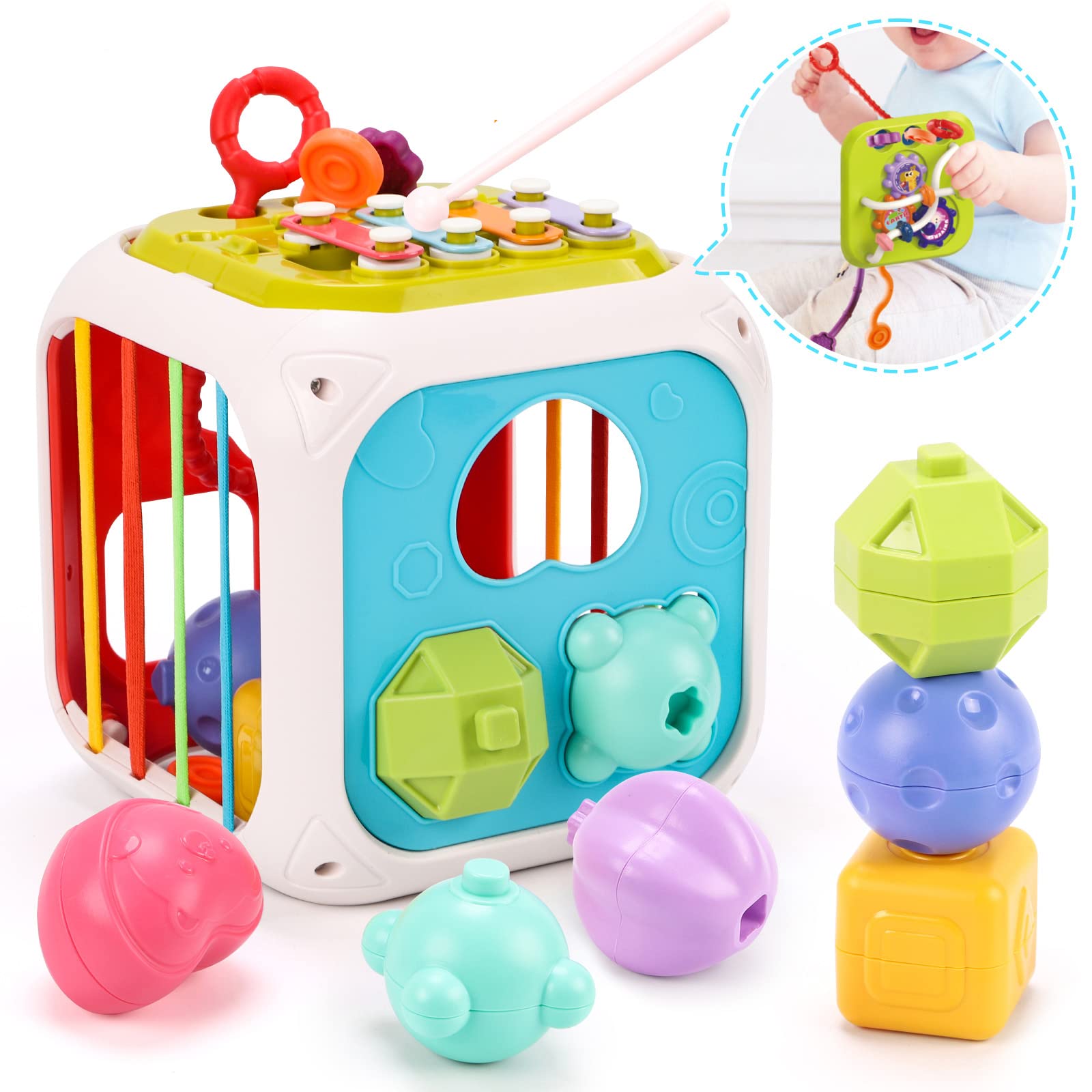 QIZEBABY 7-in-1 Montessori Activity Cube with Baby Blocks - Sensory Learning Toys for Toddlers 6-18 Months, Developmental Toys for 1-2 Year Old Boys & Girls - Perfect for Playtime, Early Education & Birthday Gifts