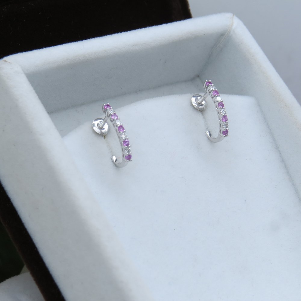 10K Solid White Gold Round Gemstone & Diamond J Hoop Earrings for Women | Elegant Dazzlingrock Collection | Perfect for Parties, Weddings & Everyday Wear