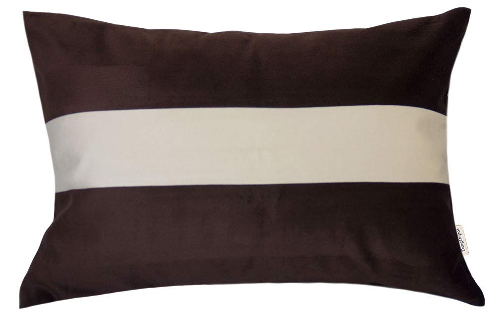 Premium Set of 2 Heavy Velvet Decorative Throw Pillow Covers - Cream White Striped Super Soft Cushion Cases (12x24 Inch) for Sofa, Bed, Outdoor Patio - Indoor/Outdoor Lumbar Pillow Shells in Deep Coffee Brown