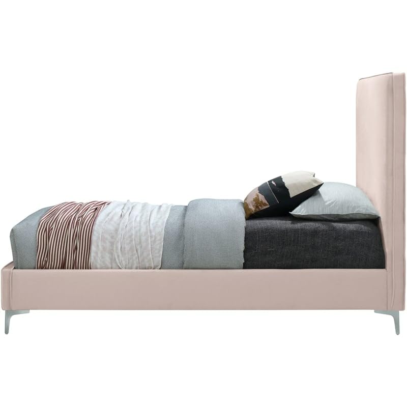 Modern Velvet Upholstered Bed with Gold/Chrome Headboard - Meridian Furniture Geri Collection Full Size Pink Bed for Luxurious Bedroom Decor | Contemporary Bedroom Furniture for Master & Guest Rooms