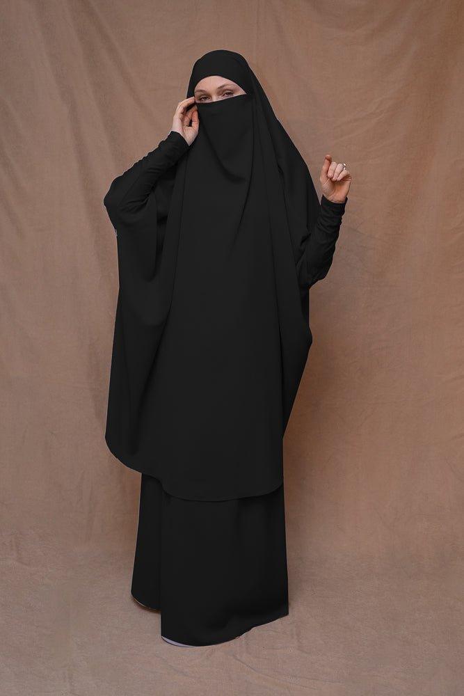 Black Moira Umrah Prayer Gown with Niqab - Islamic Modest Dress for Women - Perfect for Hajj, Umrah & Daily Prayers