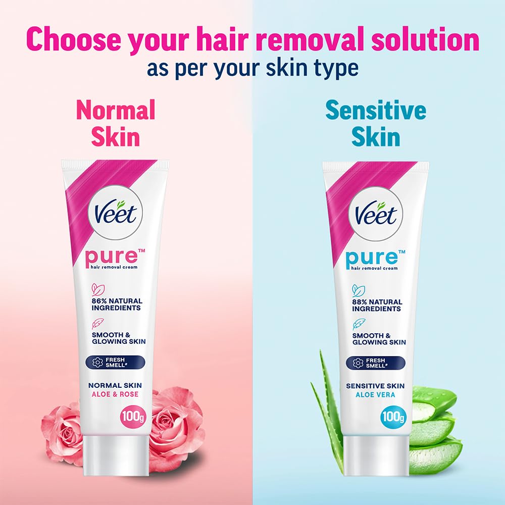 Veet Pure Hair Removal Cream for Women - Sensitive Skin Formula, 100g | Painless & Gentle Depilatory for Legs, Underarms, Bikini Line & Arms | At-Home Smooth Skin Solution for Summer, Beach & Daily Care