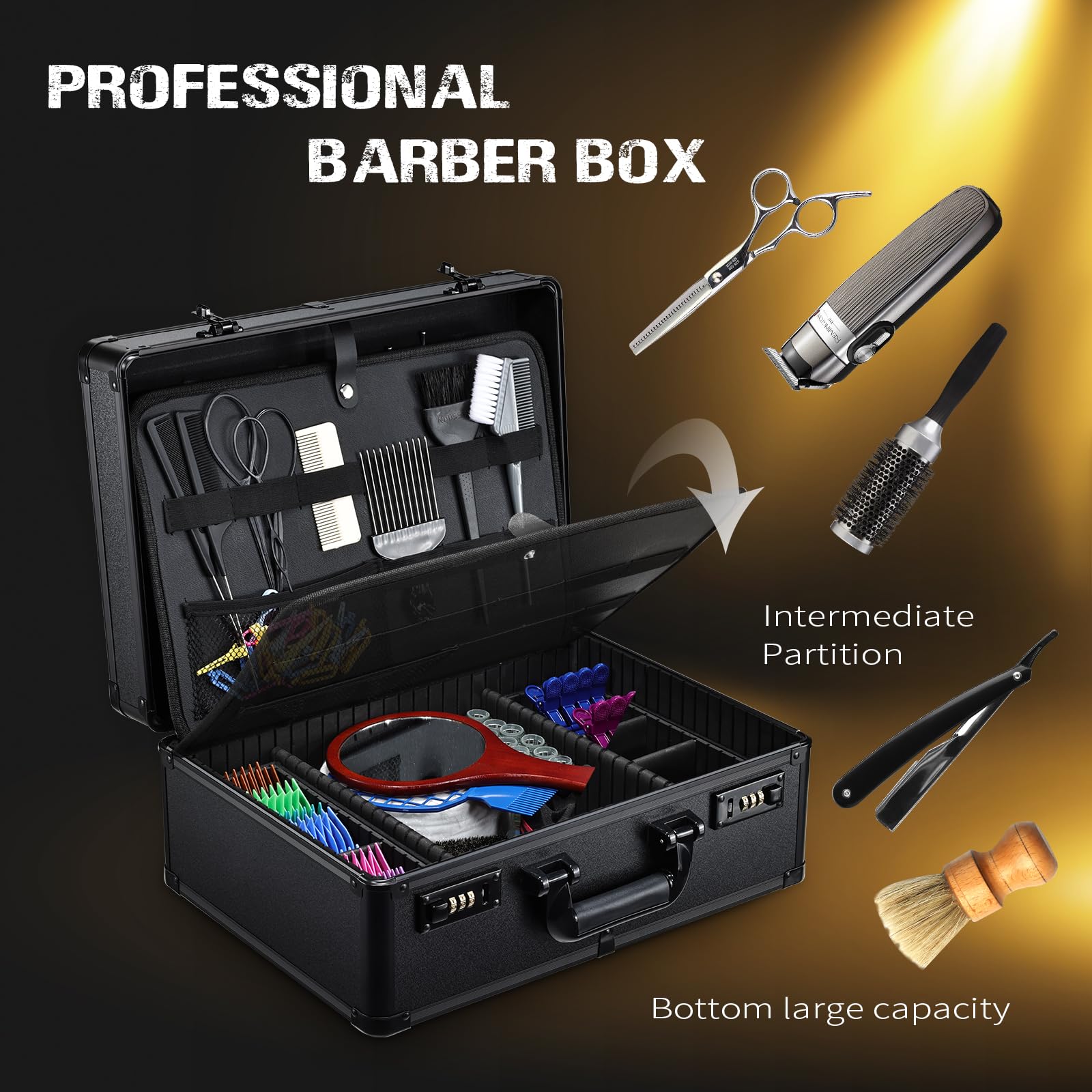 Professional Barber Accessories Case - Heavy Duty Barbers Briefcase for Clippers, Scissors & Trimmers - Lockable Black Barber Organizer with Code Lock - Perfect for Salon, Travel & Mobile Hair Stylists