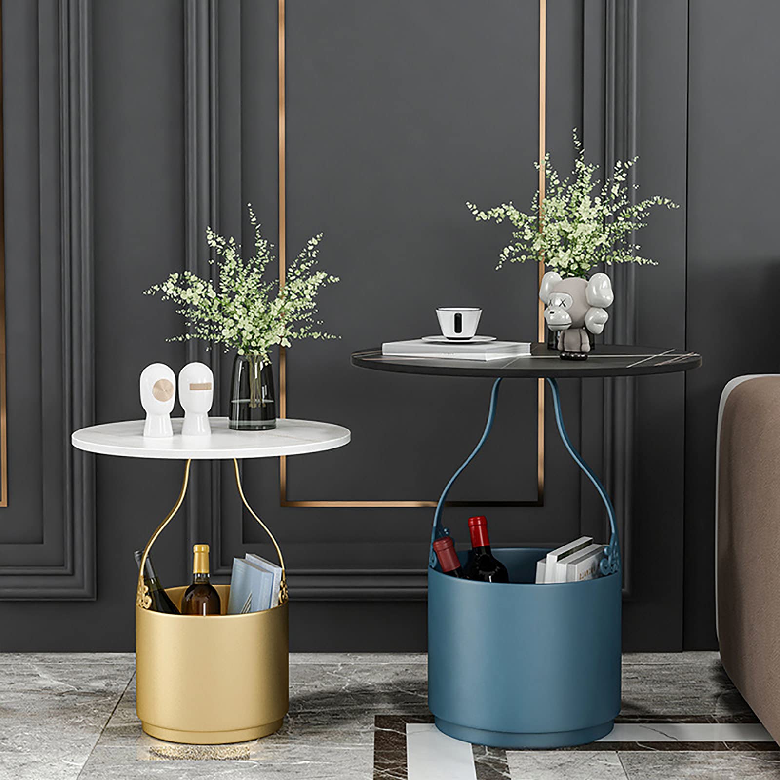 Nordic Modern Luxury Flower Basket Shape Coffee Table Set - Tall & Short Round Side Tables with Marble Gold Metal Base for Living Room, Bedroom, Office Decor