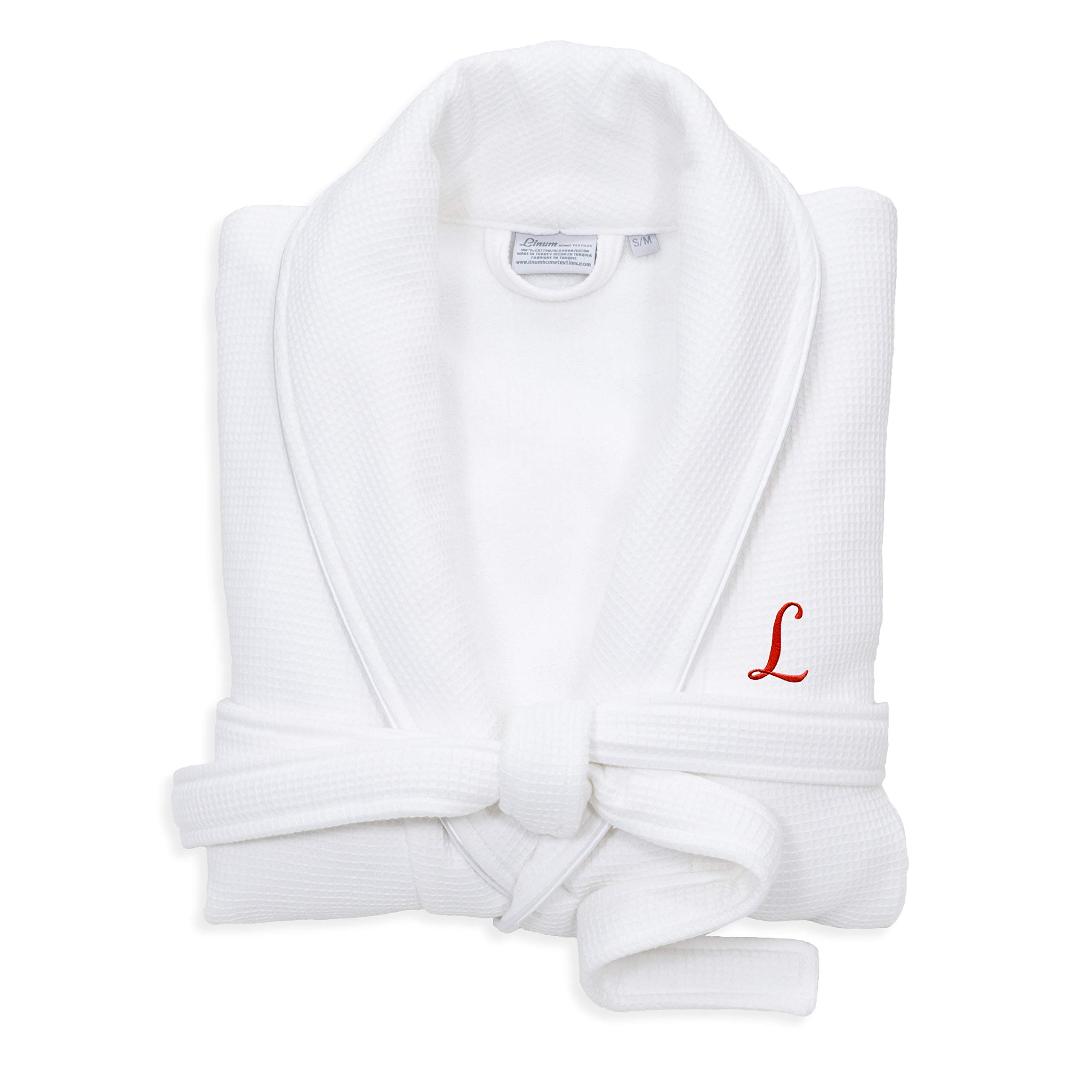Premium White Unisex Turkish Cotton Waffle Weave Terry Bathrobe with Red Monogram - KS/M Size - Soft & Absorbent Spa Robe for Home, Hotel & Gift Giving