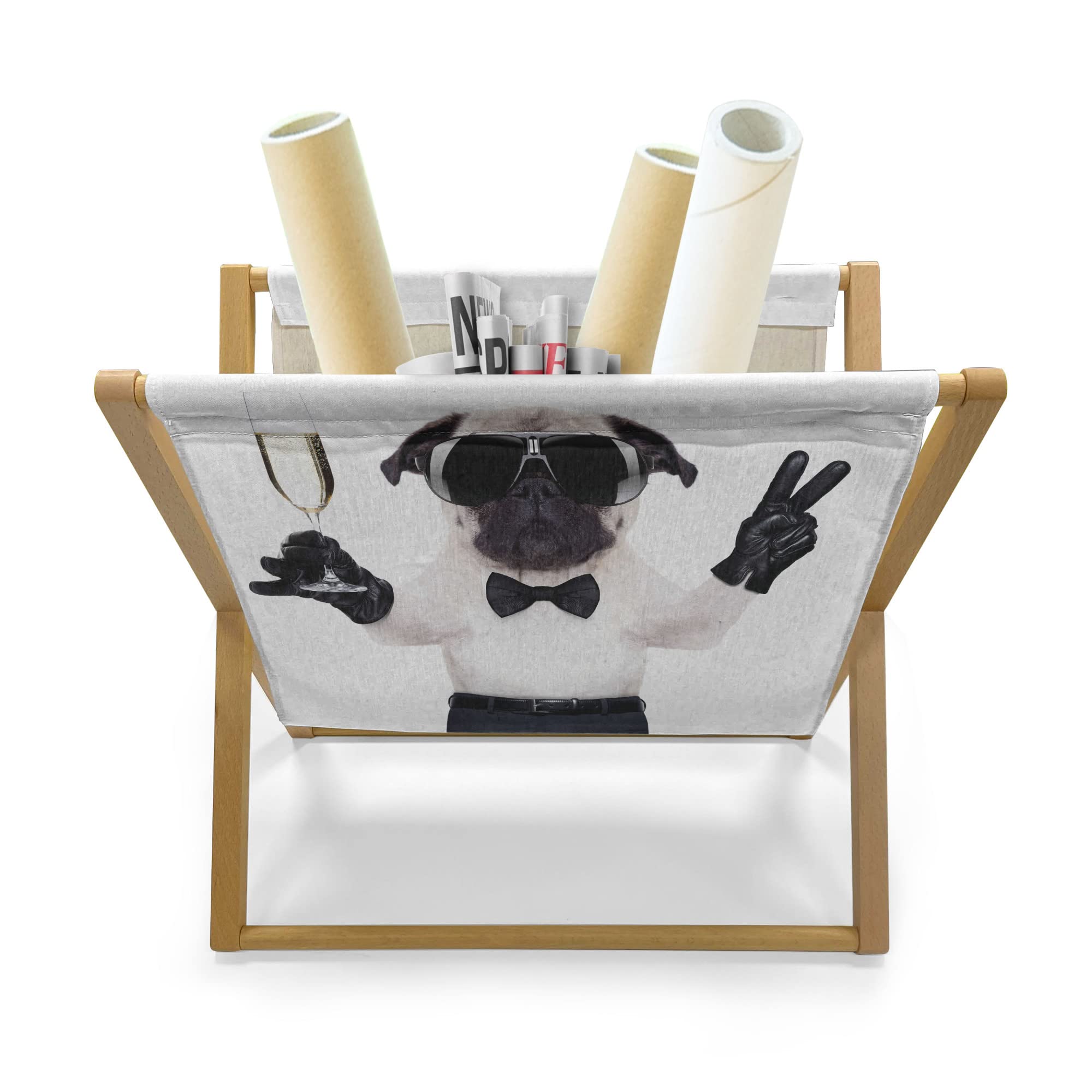 Ambesonne Pug Magazine & Book Holder - Dog-Themed Floor Rack Organizer with Champagne Glass & Peace Sign Design, 22x19 Inches, Black White Cream - Perfect for Office, Home & School Decor, Gift for Dog Lovers