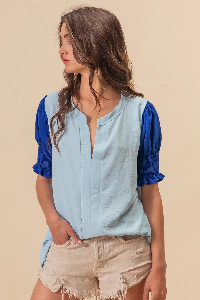 BiBi Air Flow Color Block Puff Sleeves V Neck Top - Breathable Summer Blouse for Women, Fashionable Casual Wear for Outings & Dates