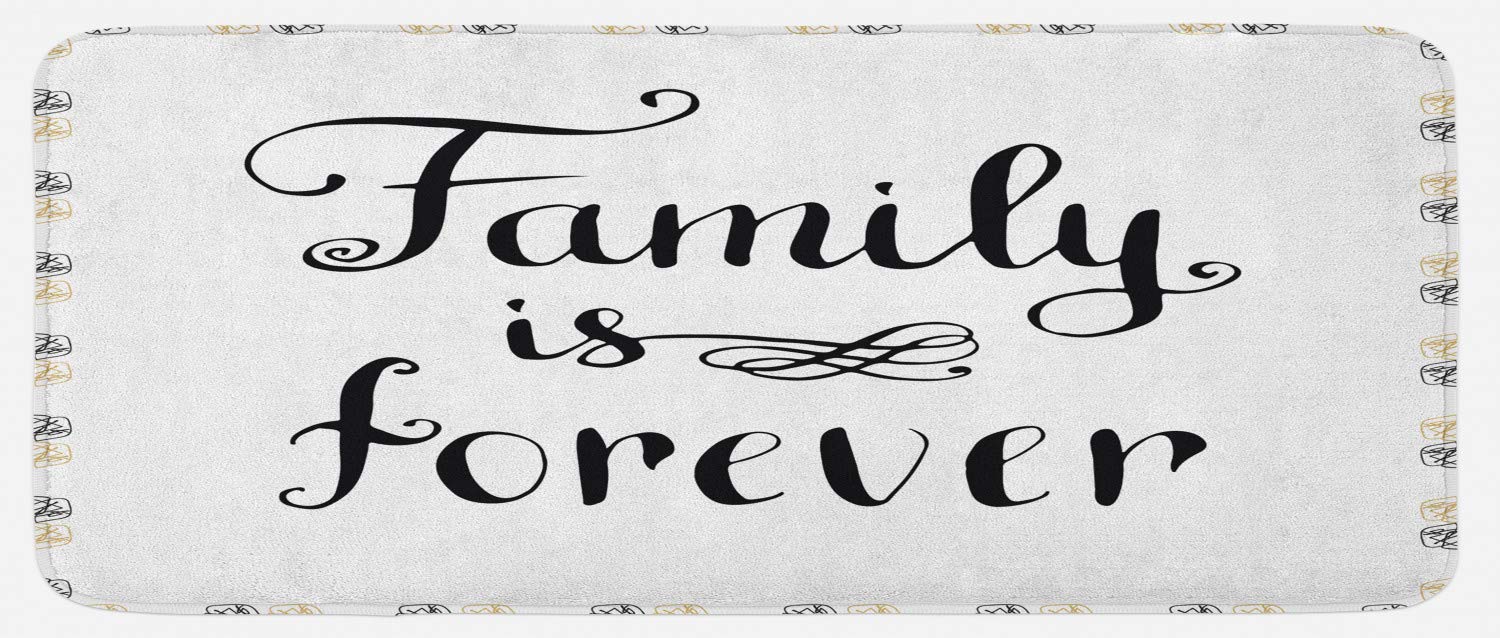 Ambesonne Non-Slip Kitchen Mat with Retro Ink Writing Design - Family-Themed Plush Decorative Rug, 47x19 Inches, Black Brown White - Perfect for Kitchens, Entryways & Laundry Rooms