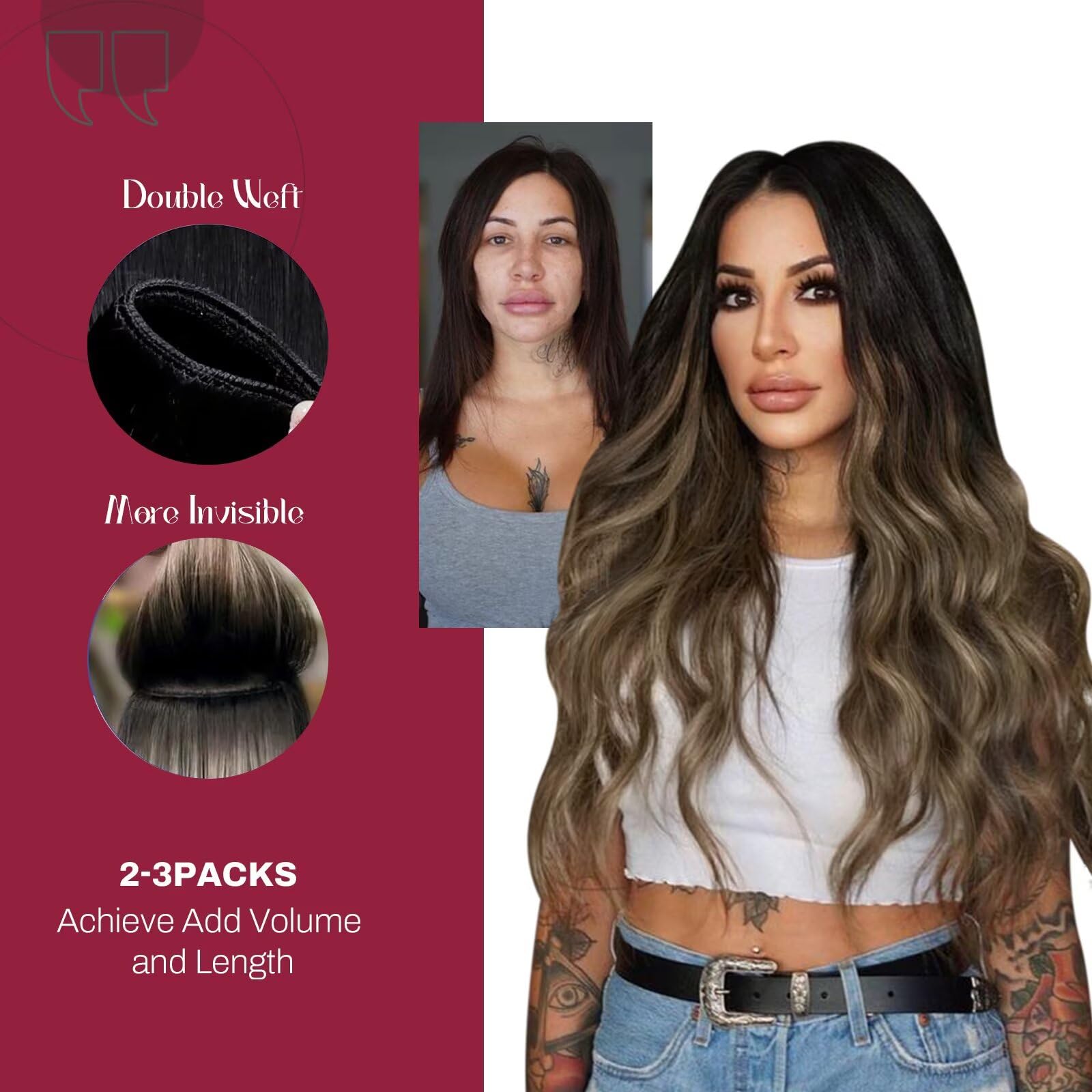 20 Inch Vivien Balayage Brown Human Hair Sew-in Extensions - 100G Remy Human Hair Weft Bundles (Natural Black to Brown with Ash Blonde) for Styling & Volume - Perfect for Parties, Weddings & Everyday Glamour
