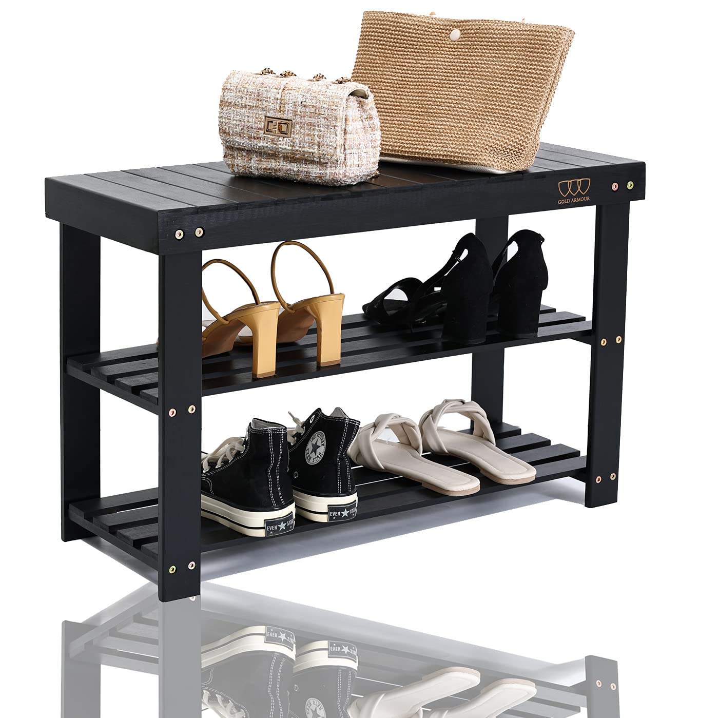 Premium 3-Tier Bamboo Shoe Rack Bench with Gold Armour Design - Sturdy Shoe Shelf Organizer & Entryway Bench for Hallway, Living Room or Bedroom - Perfect for Shoe Storage, Entryway Decor & Home Organization (Midnight Black) | Ideal for Small Spaces, Apartment Entryways & Closet Organization