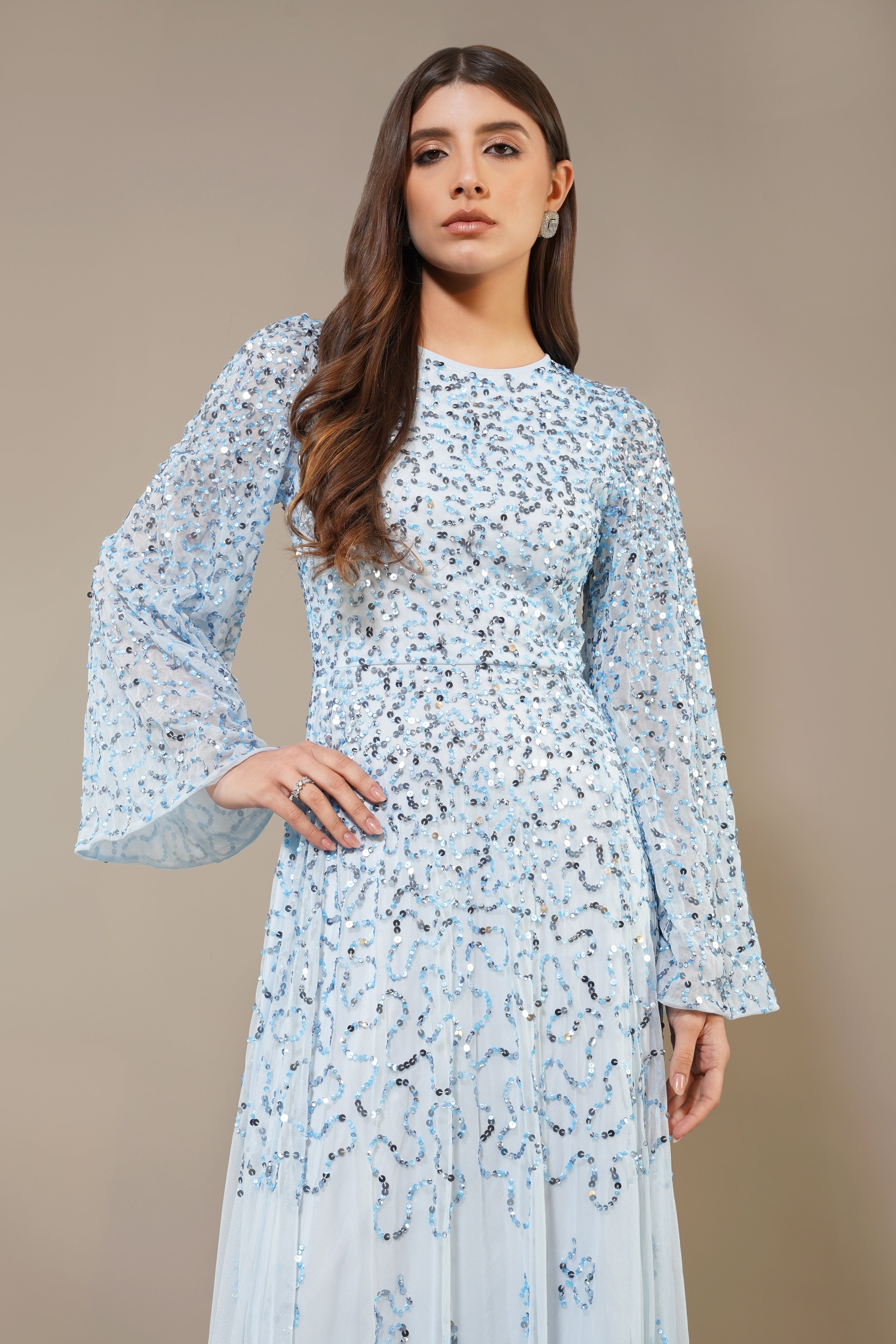 Sloane Long Sleeve Embellished Maxi Dress - Sky Blue Women's Elegant Evening Gown for Parties, Weddings & Special Occasions