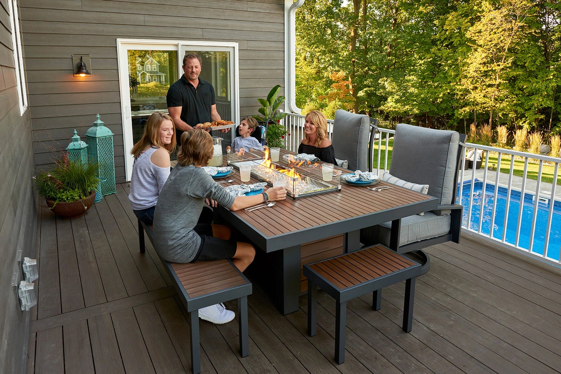 Kenwood Linear Dining Height Gas Fire Pit Table - Outdoor Patio Heater with Modern Design for Backyard, Deck, and Garden Gatherings