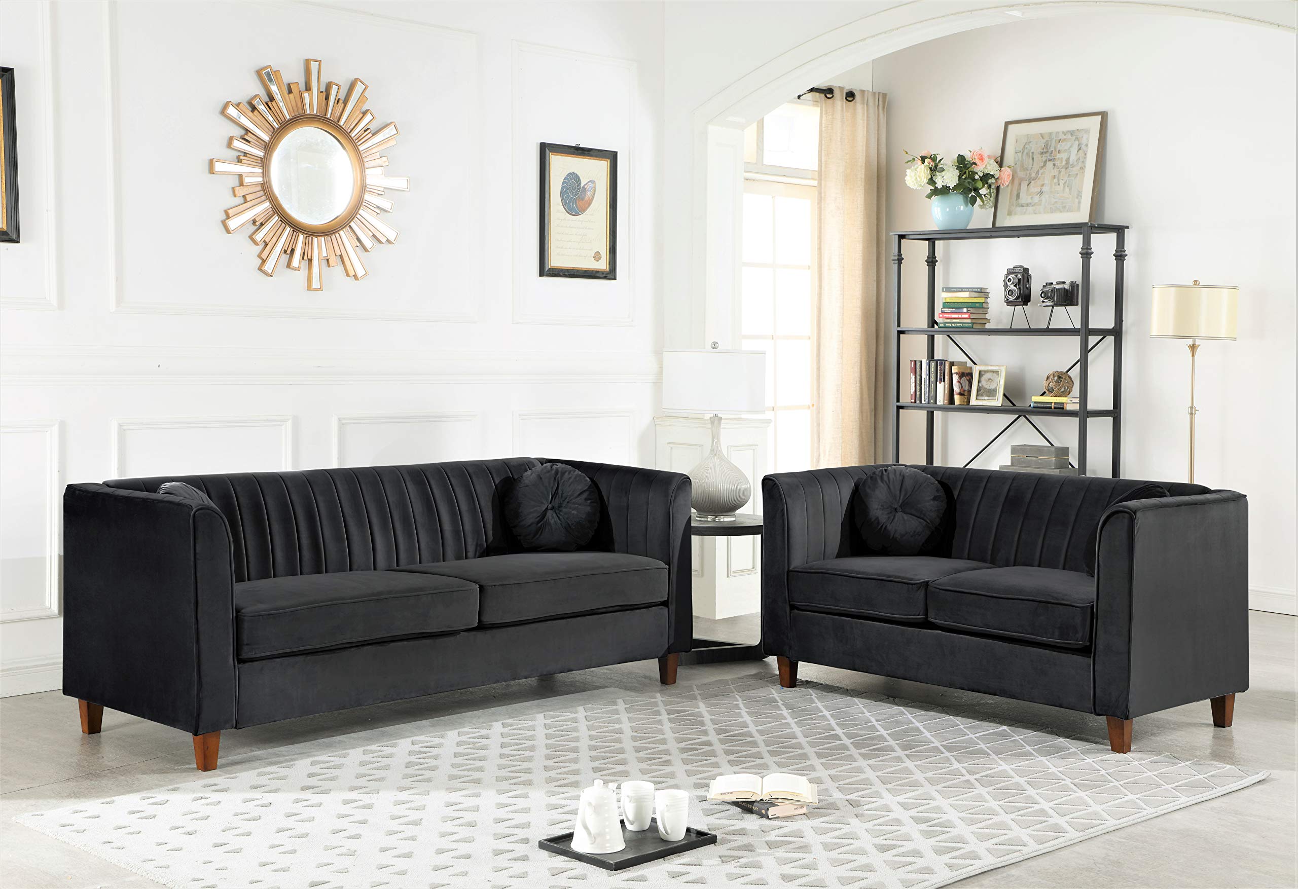 Mid Century Velvet Upholstered Chesterfield Sofa - Black Velvet Loveseat for Living Room | Classic Retro Furniture for Home Decor & Lounge Relaxation