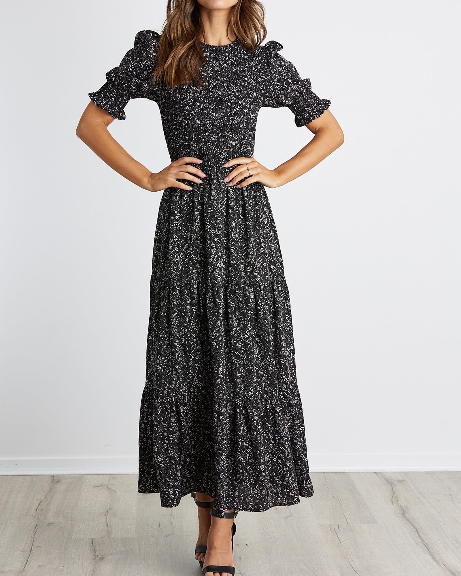 BTFBM Women's Casual Summer Floral Print Maxi Dress - Crew Neck, Ruffle Short Sleeve, Smocked Waist, Boho Style for Spring 2025 | Perfect for Beach Vacations, Date Nights & Summer Parties