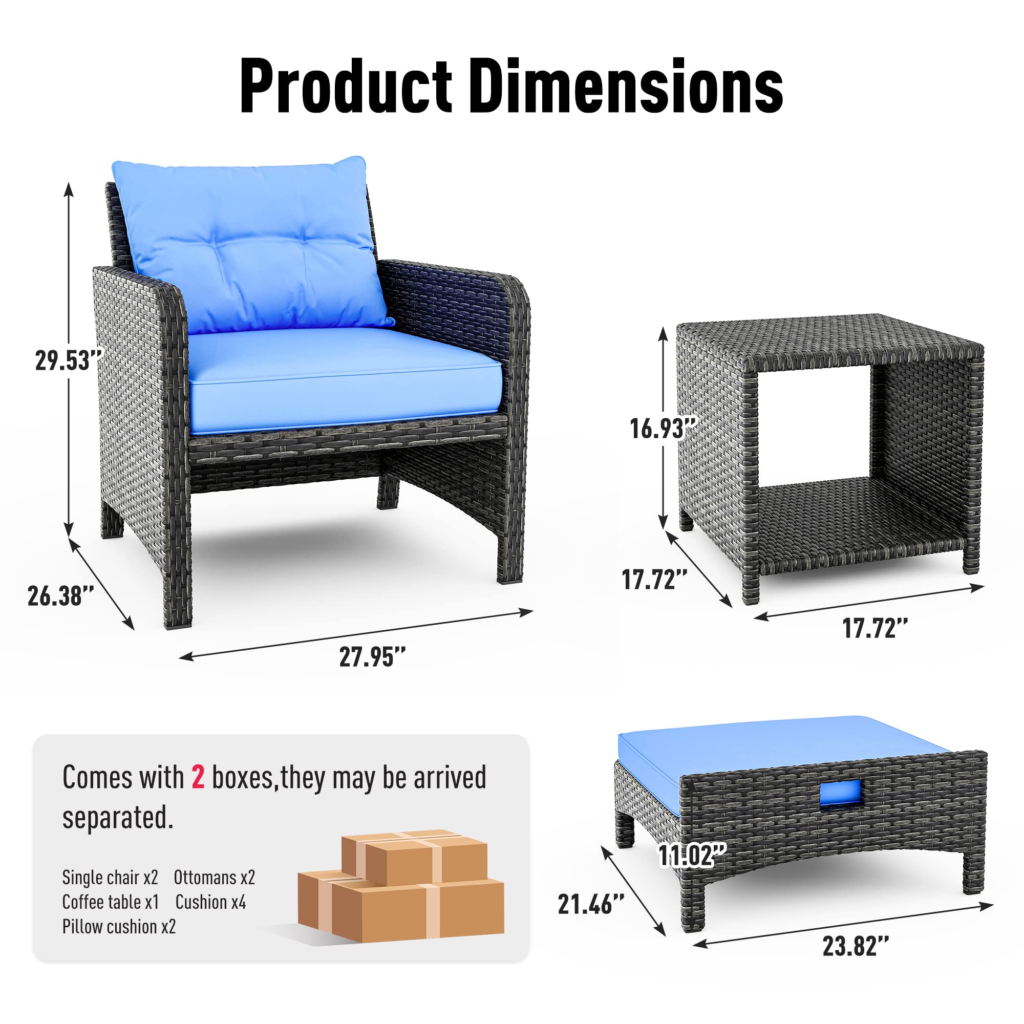 Pamapic 5-Piece Wicker Patio Furniture Set - Outdoor Rattan Chairs with Ottomans & Coffee Table - Blue Cushion & Black Wicker - Perfect for Porch, Garden, Balcony, Backyard, and Poolside Relaxation