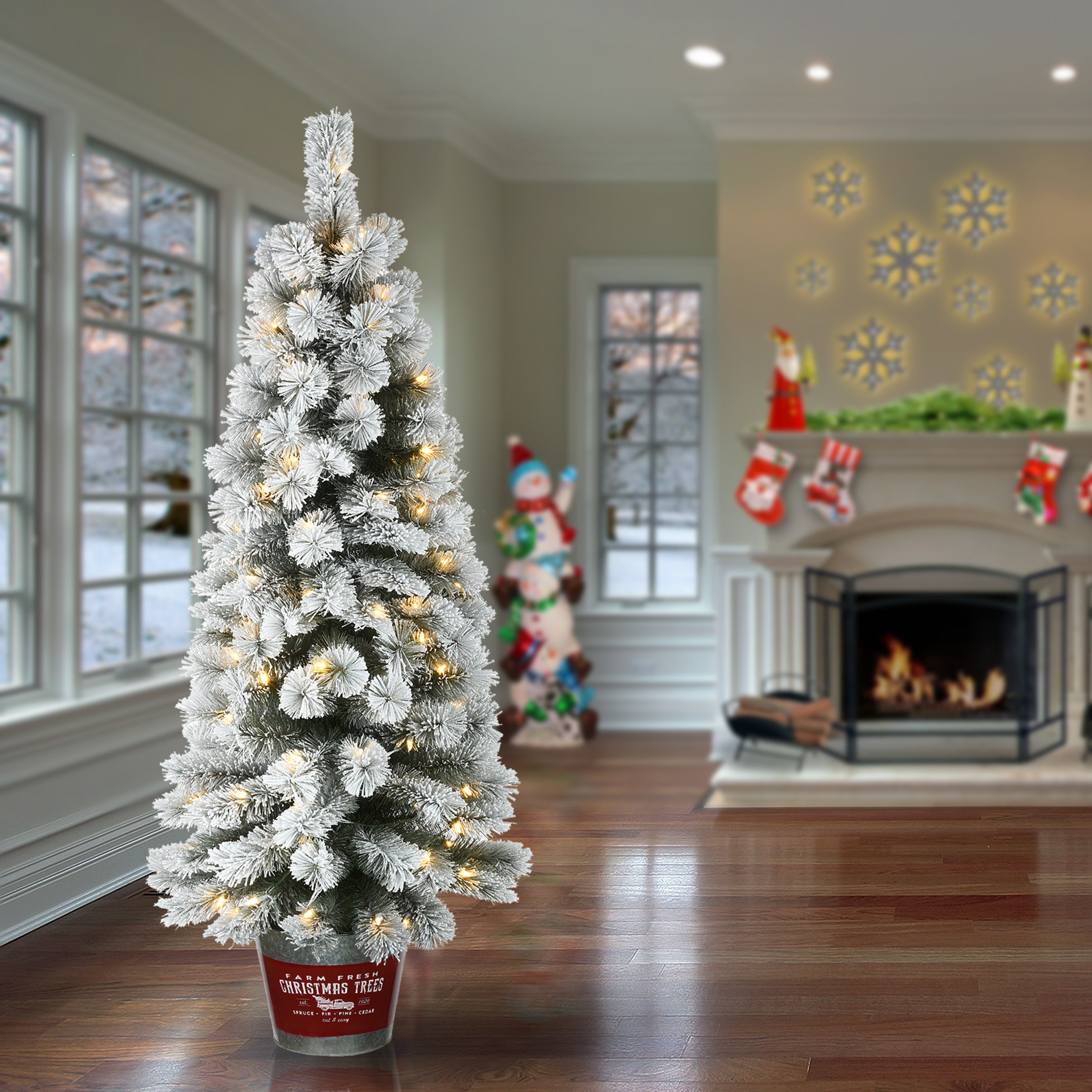 5 ft. Pre-Lit Snowy Pogue Pine Slim Artificial Christmas Tree with Warm White LED Lights - Perfect for Small Spaces, Apartments & Holiday Decor