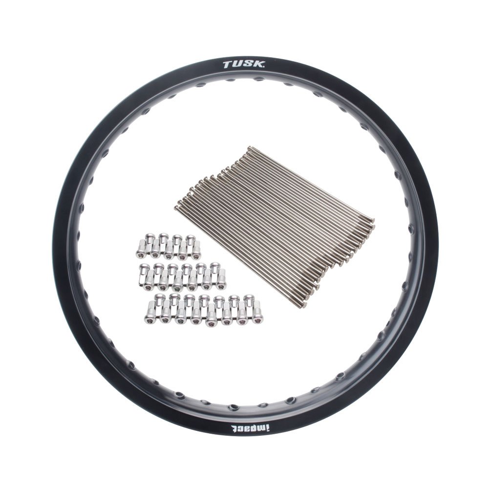 Tusk Impact Rear Rim and Spoke Kit - 18 x 2.15 Black - Compatible with Kawasaki KX250 (1999-2007), KX250F (2019-2025), KX450 (2019-2025), KX450F, KX500 (1983-2004) - Dirt Bike Wheel Replacement for Off-Road & Motocross Racing