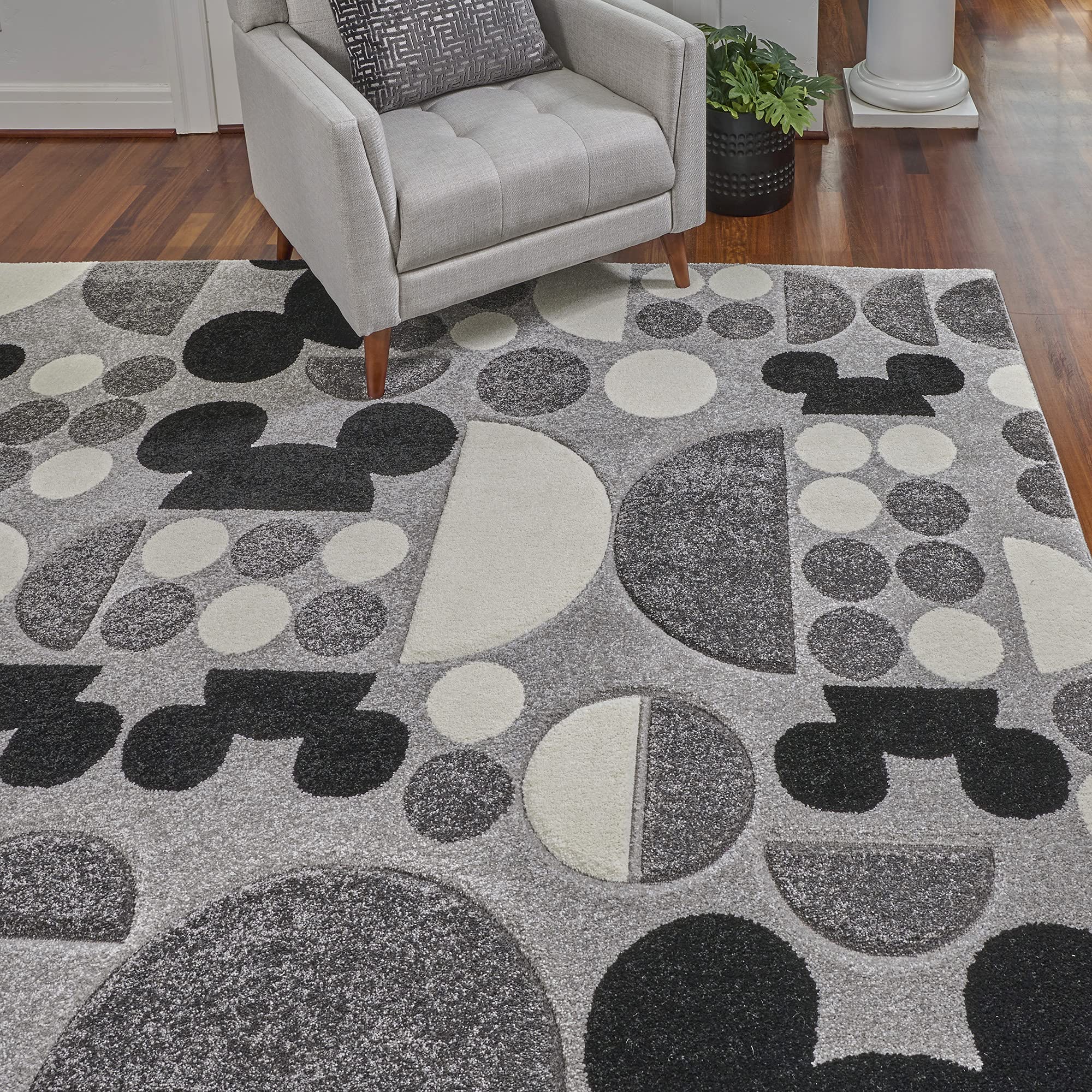 Gertmenian Disney Mickey Mouse Rug - Textured Floor Mat for Living Room, Dining Room, Playroom & Study Area - 5x7 Feet Abstract Spheres Design in Gray, Black & White - Perfect for Kids' Rooms, Nursery Decor & Cozy Home Spaces (Model 46628)
