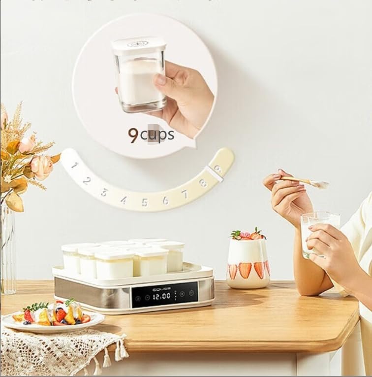 Probiotic Yogurt Maker with Adjustable Temperature & Timer - 9 Glass Jars with Lids - Live Cultures for Gut Health - Ideal Kitchen Appliance for Homemade Yogurt, Smoothies & Healthy Breakfasts - Perfect Gift for Men & Women