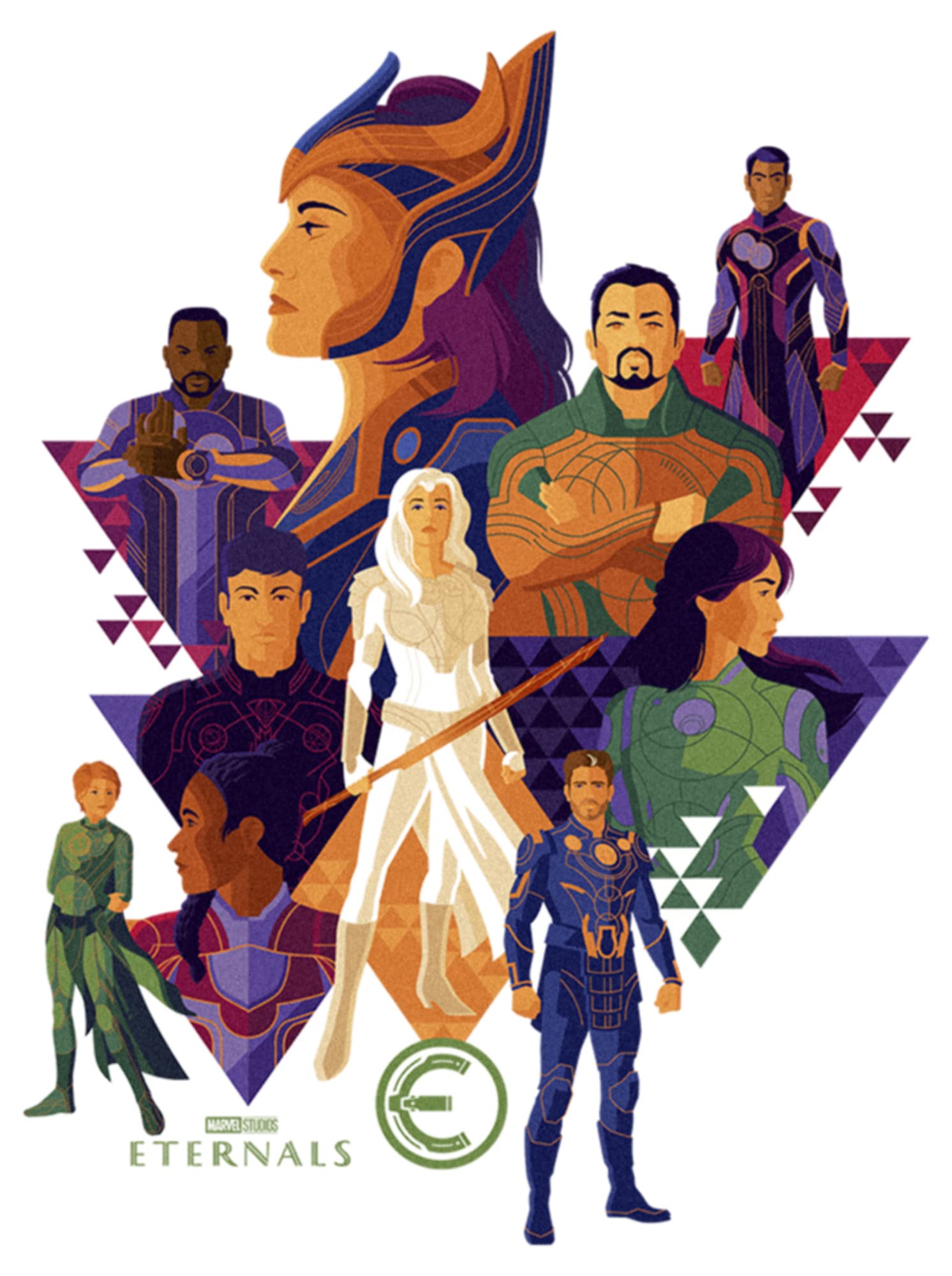 Women's Marvel Eternals Graphic Print Triangle Portrait T-Shirt | Superhero Fashion Tee for Casual Wear & Comic Con