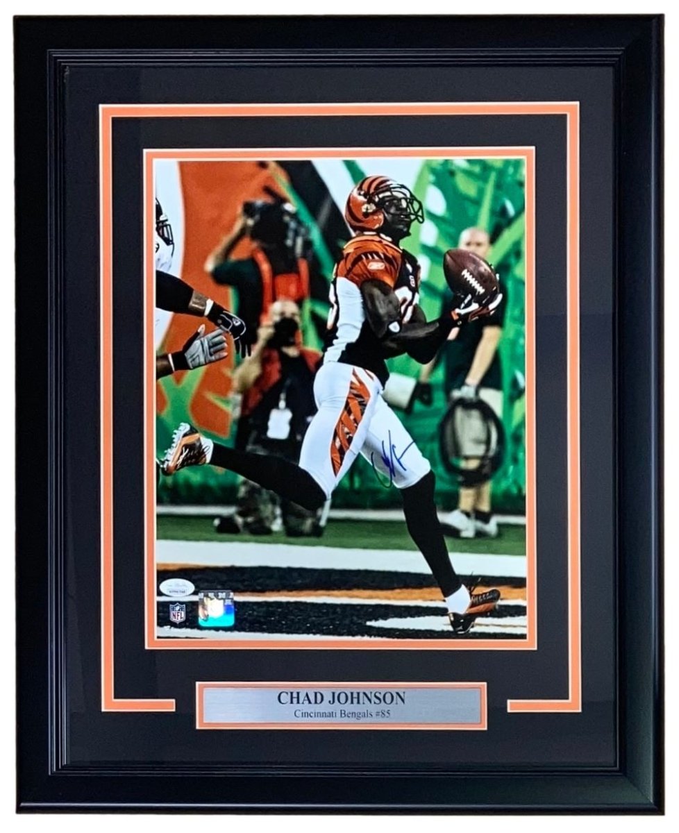 Chad Johnson Autographed Framed 11x14 Cincinnati Bengals Football Photo with JSA COA - Perfect for Sports Memorabilia Collectors and Bengals Fans Display