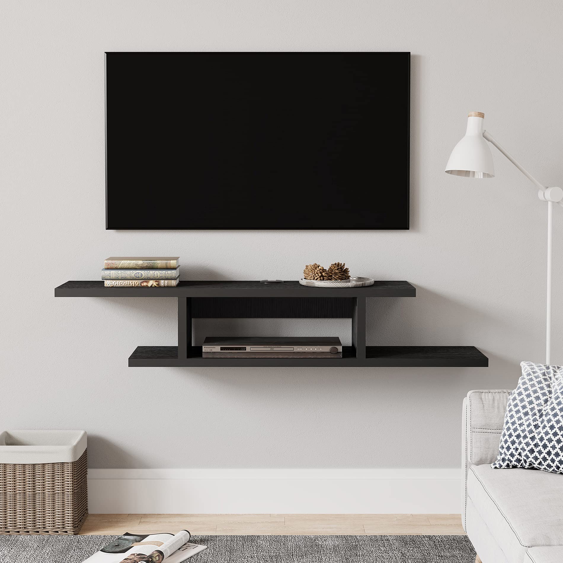 FITUEYES 50 Inch Floating TV Stand with Blue LED Lights - Wall Mounted Under TV Shelf, Modern Entertainment Center & Media Console for Living Room & Bedroom - Black Grain - Perfect for Small Spaces & Home Theater Setup